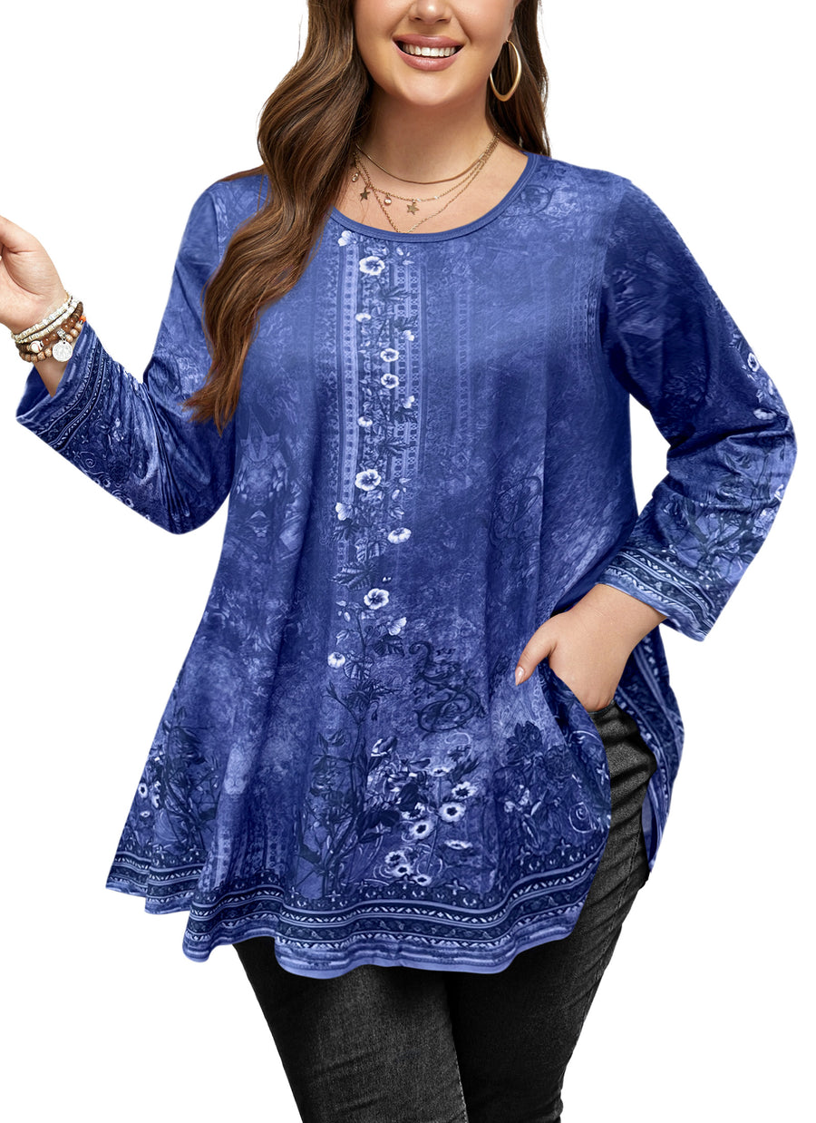 Tunic Tops for Women Plus Size 3/4 Sleeve Crew Neck Swing Flare Loose T-Shirt Blouses to Wear with Leggings