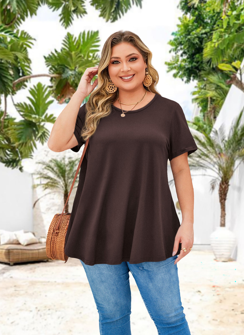 Tunic Tops for Women Plus Size Short Sleeve Crew Neck Swing Flare Loose T-Shirt Blouses to Wear with Leggings