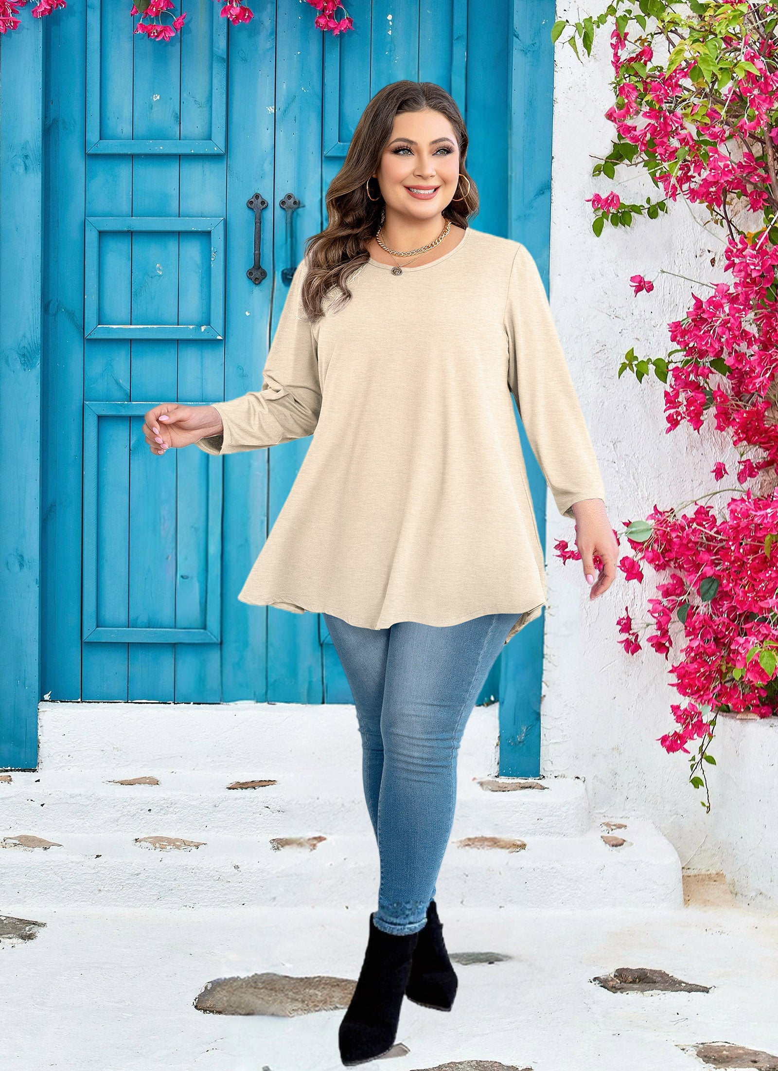 Womens Tunic 3/4 Sleeve Plus Size Tops Crew Neck Swing Flowy Loose Fit T-Shirt Blouses to Wear with Leggings