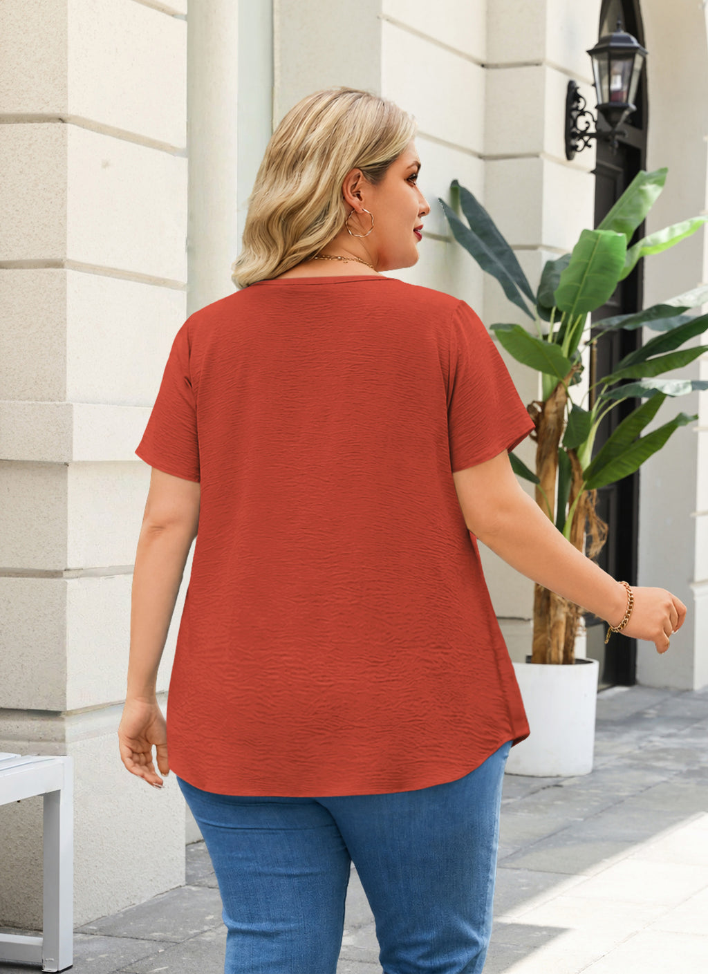 Women's V-Neck Floral Lace Trim Blouse – Loose Fit Plus Size Top, Burnt Orange