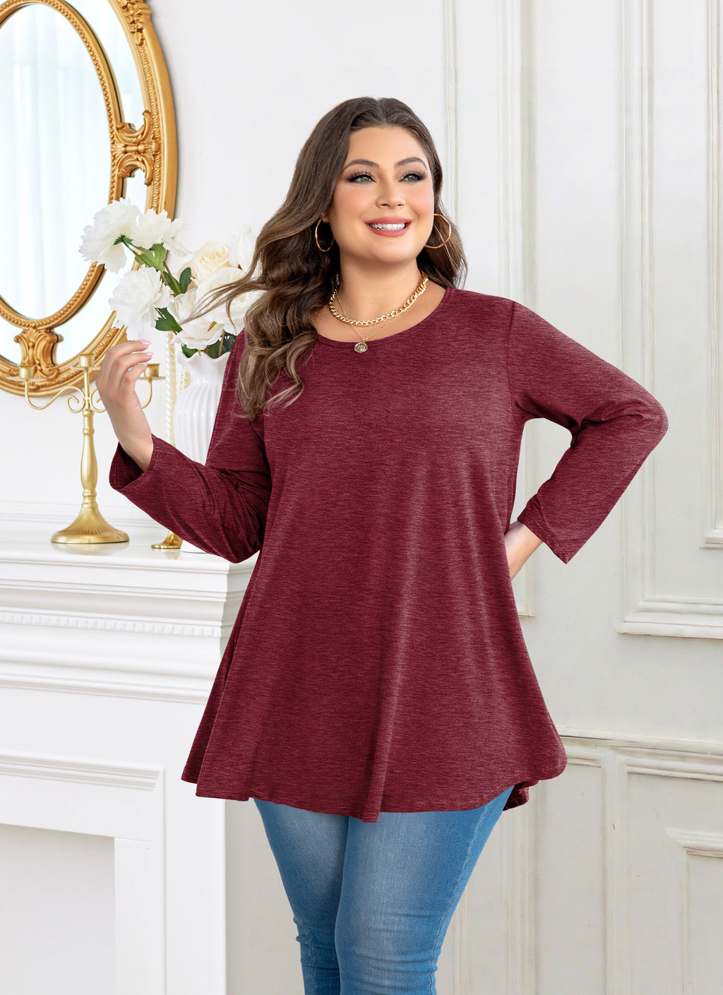 Plus Size Tops Womens Swing Tunic 3/4 Sleeve Flowy Long Blouses