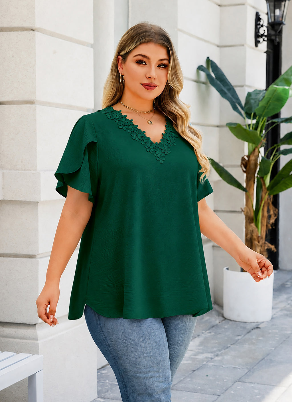 Women's V-Neck Floral Trim Blouse – Loose Fit Plus Size Top, Green
