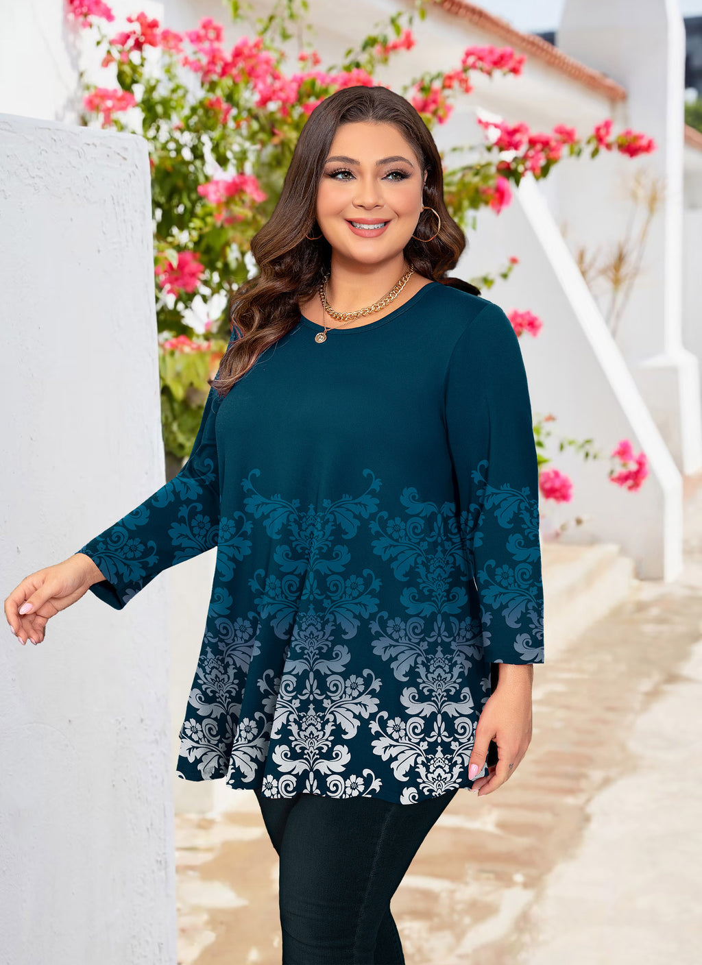 Tunic Tops for Women Plus Size 3/4 Sleeve Crew Neck Swing Flare Loose T-Shirt Blouses to Wear with Leggings