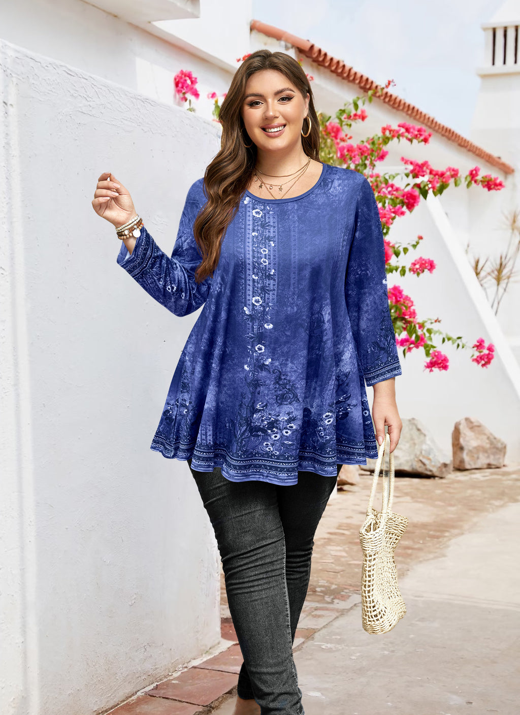 Tunic Tops for Women Plus Size 3/4 Sleeve Crew Neck Swing Flare Loose T-Shirt Blouses to Wear with Leggings