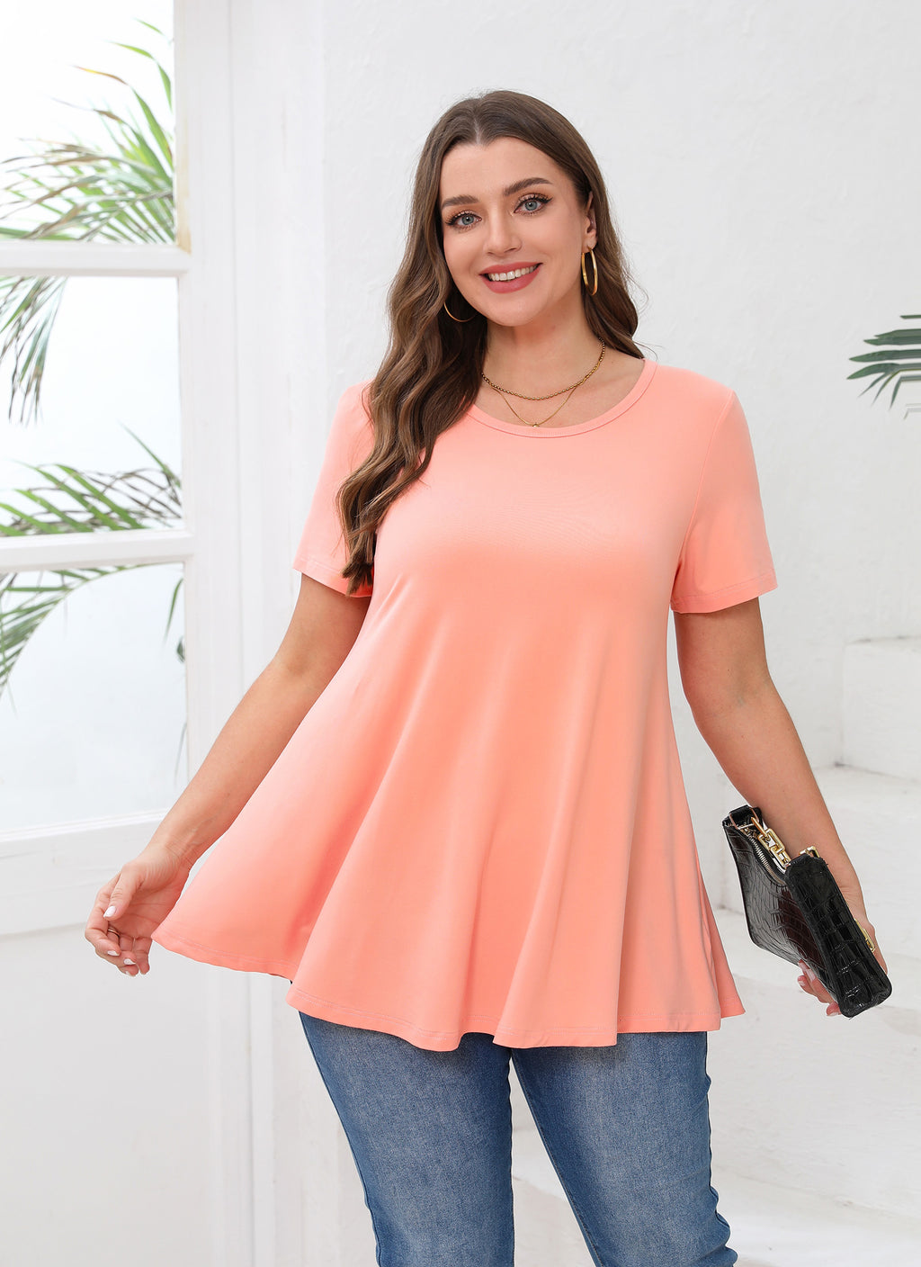 Tunic Tops for Women Plus Size Short Sleeve Crew Neck Swing Flare Loose T-Shirt Blouses to Wear with Leggings