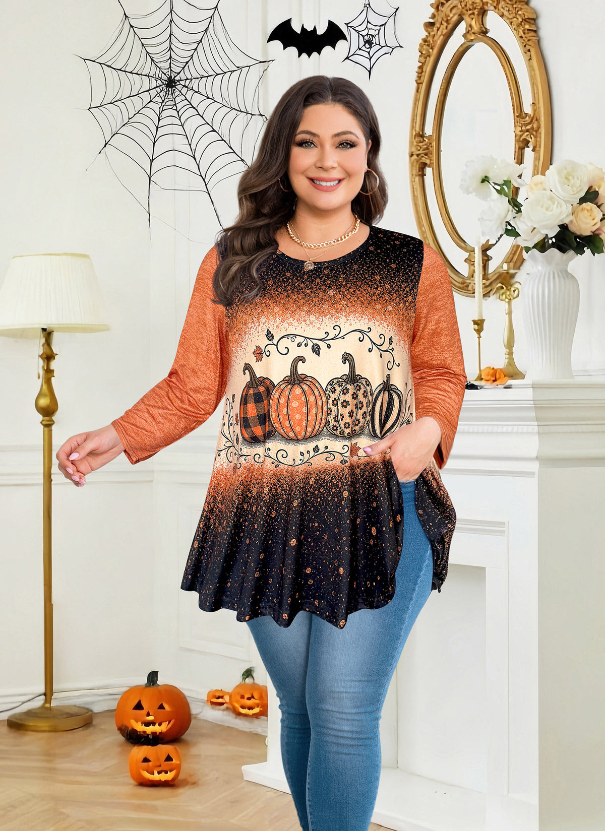 Plus Size Tops Womens Swing Tunic 3/4 Sleeve Flowy Long Blouses