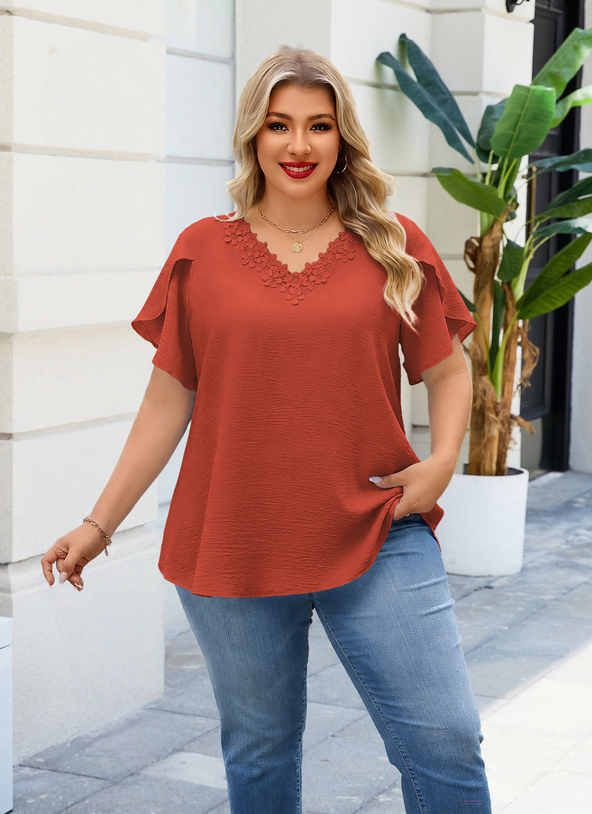 Women's V-Neck Floral Lace Trim Blouse – Loose Fit Plus Size Top, Burnt Orange