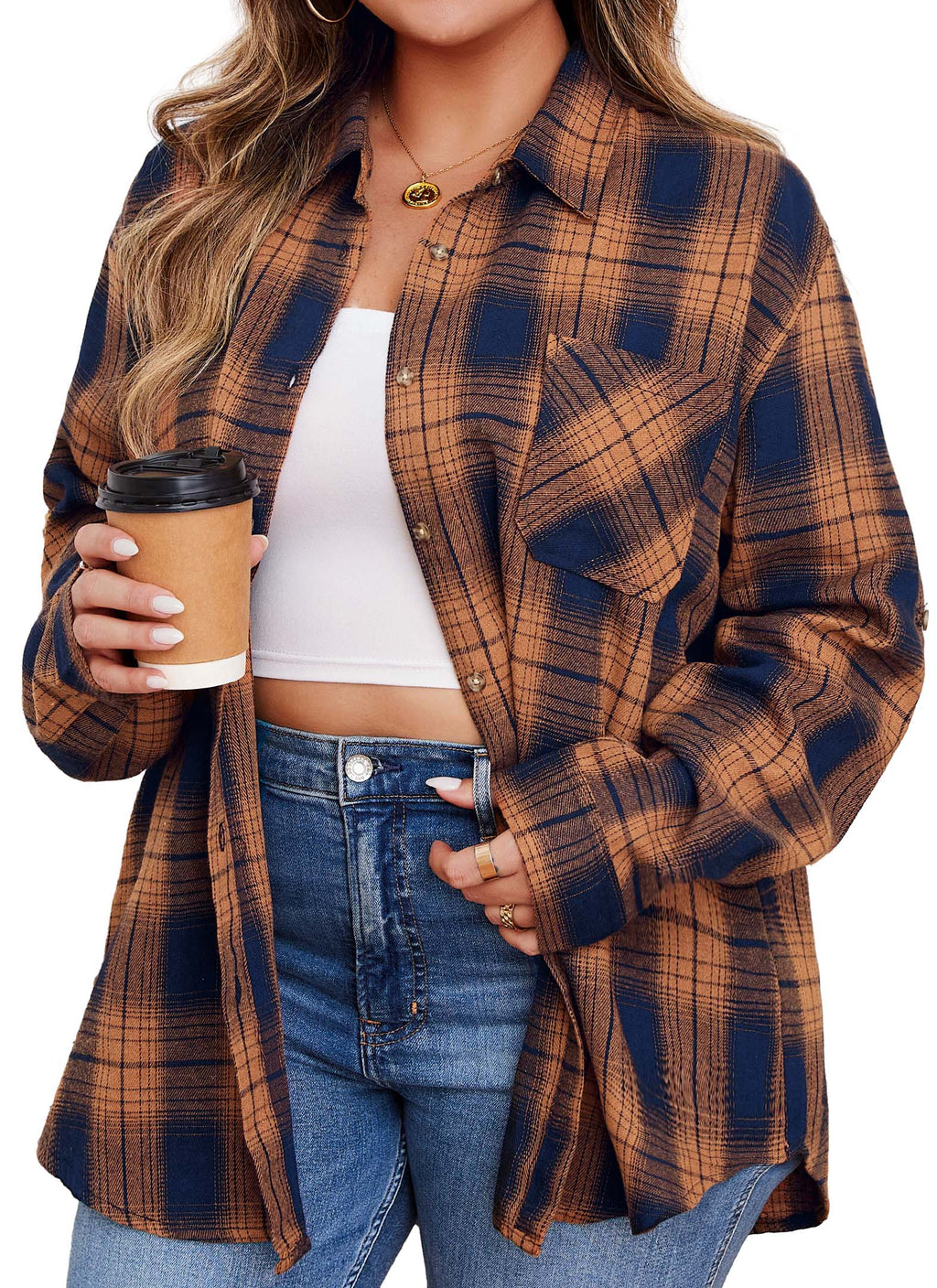 Womens Plus Size Flannel Shirts Long Sleeve Button Down Plaid Shirt Roll Up Oversize Checkered Blouse Top Fall