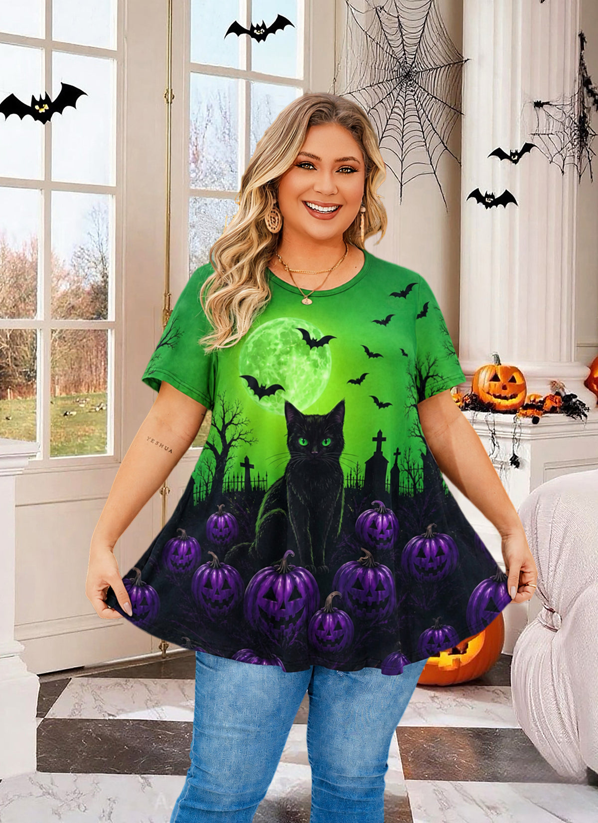 Green Halloween Tunic Top for Women – Flowy Swing Blouse, Plus Size
