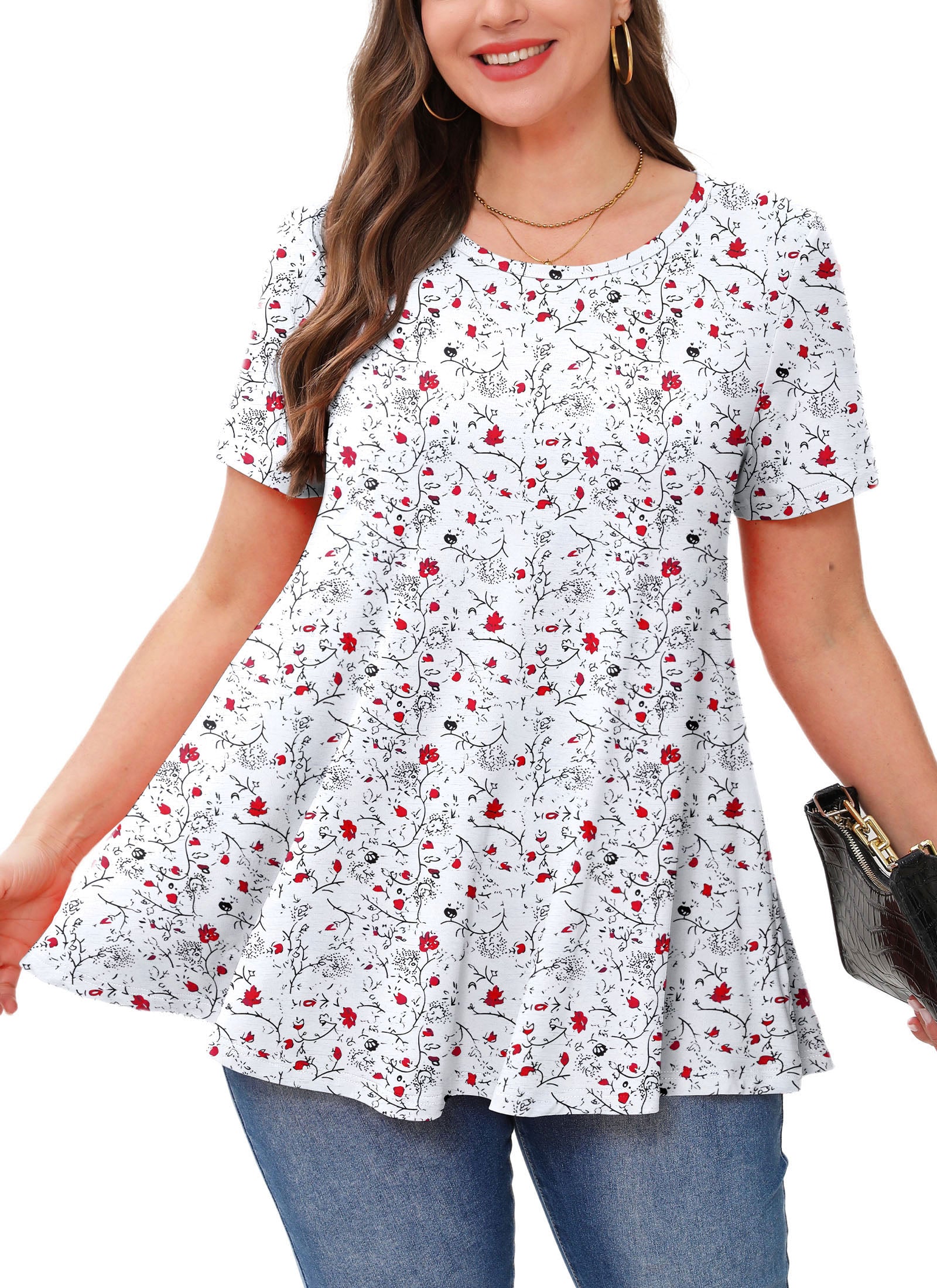 Tunic Tops for Women Plus Size Short Sleeve Crew Neck Swing Flare Loose T-Shirt Blouses to Wear with Leggings