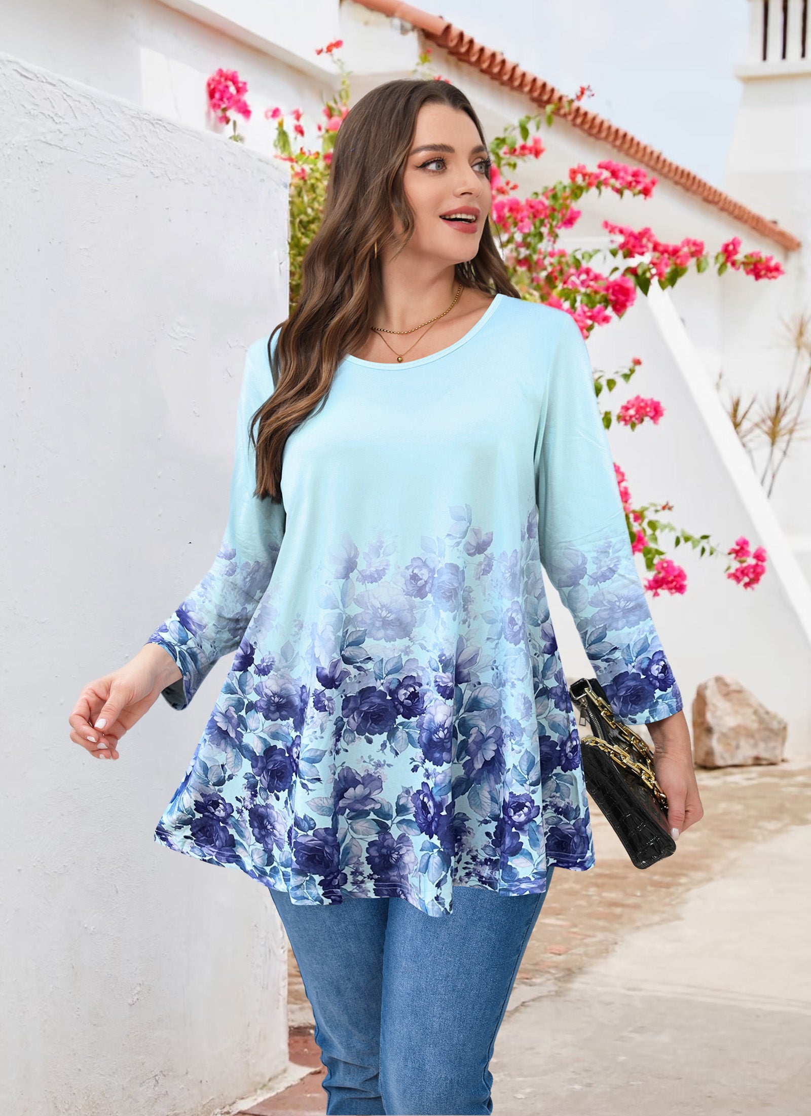 Tunic Tops for Women Plus Size 3/4 Sleeve Crew Neck Swing Flare Loose T-Shirt Blouses to Wear with Leggings