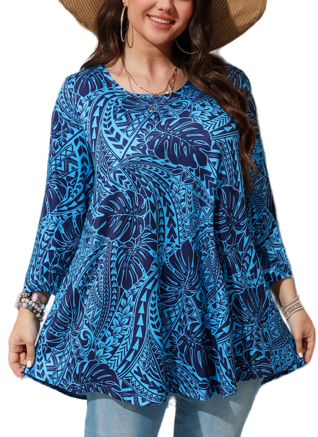 Womens Tunic Tops 3/4 Sleeve Plus Size Crew Neck Swing Flare Loose Fit T-Shirt Blouses to Wear with Leggings