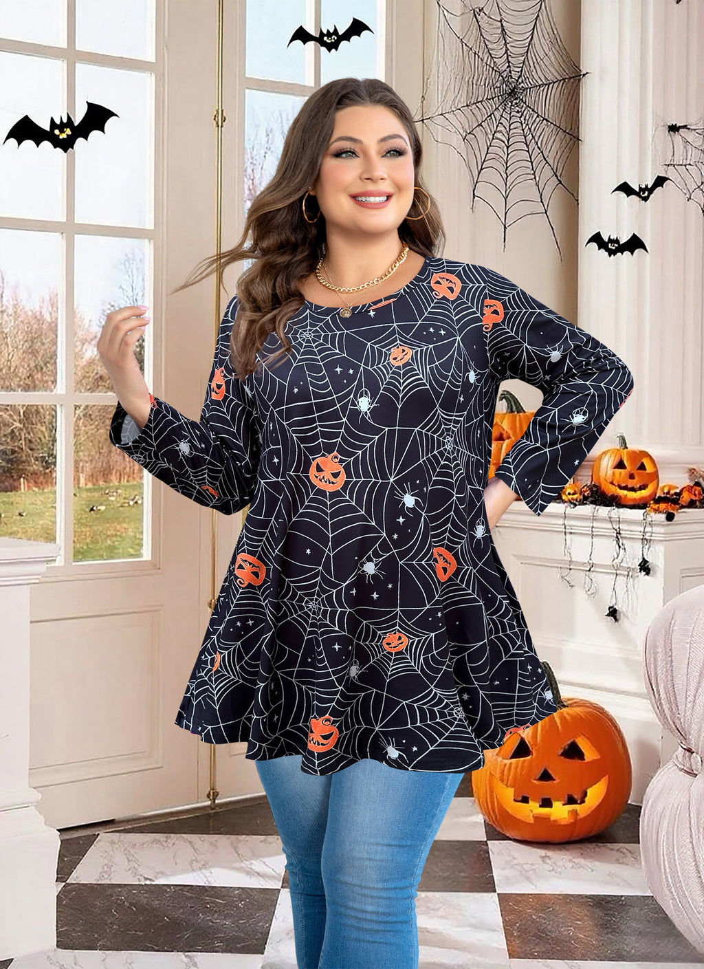 Womens Tunic 3/4 Sleeve Plus Size Tops Crew Neck Swing Flowy Loose Fit T-Shirt Blouses to Wear with Leggings