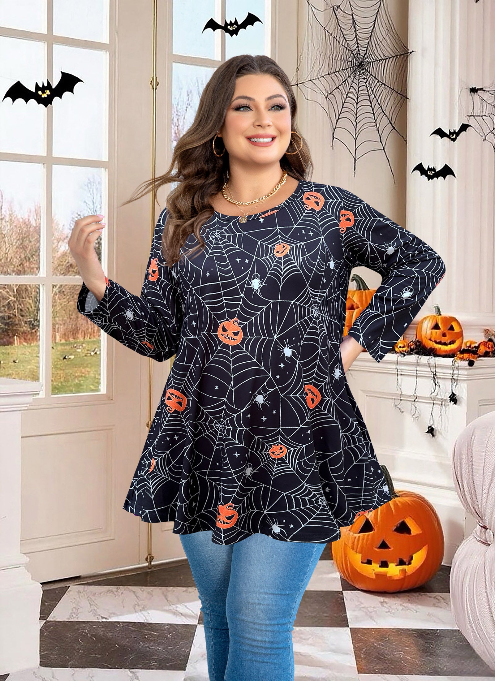 Womens Tunic 3/4 Sleeve Plus Size Tops Crew Neck Swing Flowy Loose Fit T-Shirt Blouses to Wear with Leggings