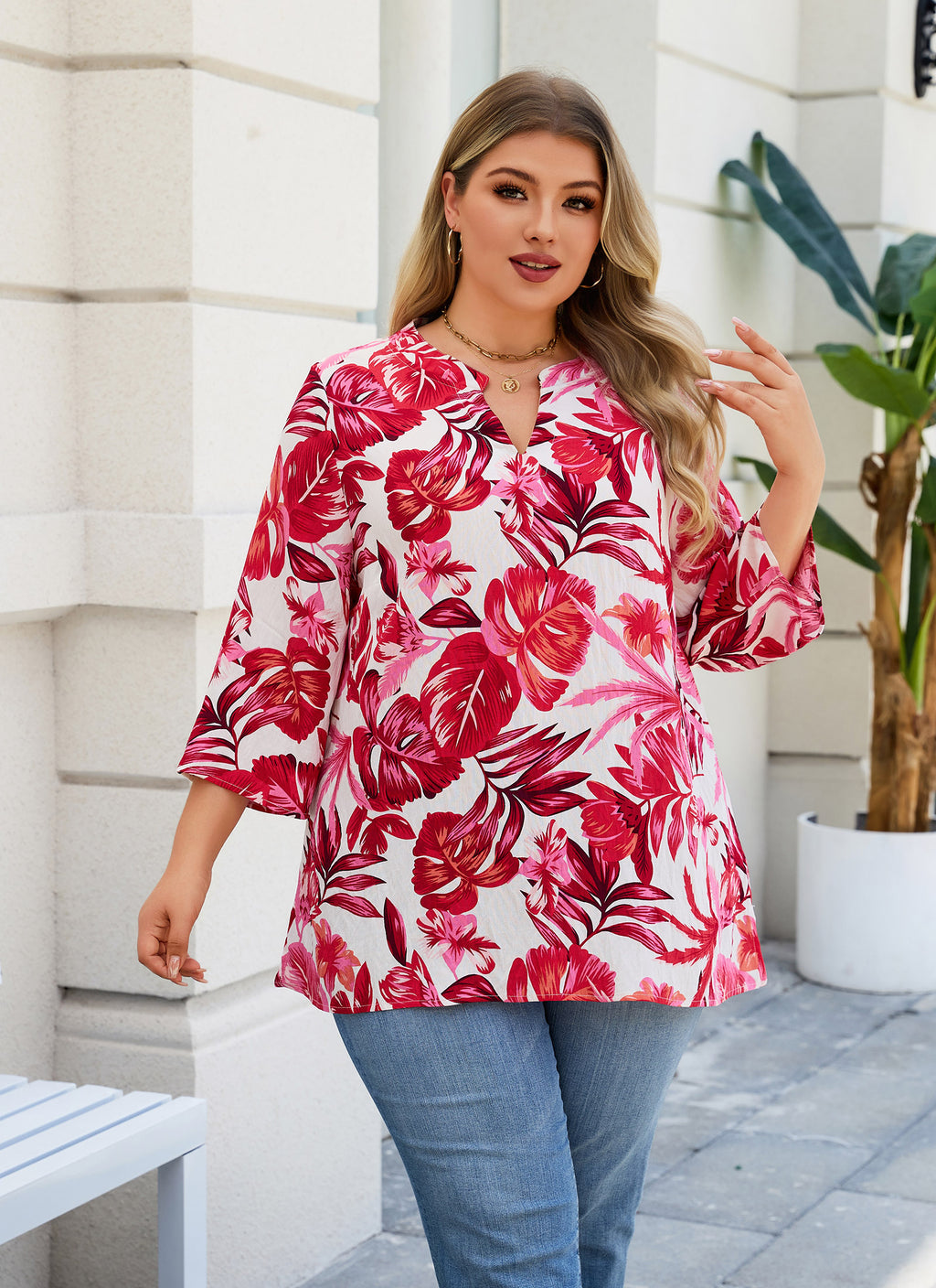 Plus Size Tops 3/4 Sleeve Boho Blouses Dressy Casual V Neck Tunic Loose Fit Floral Peasant Shirts