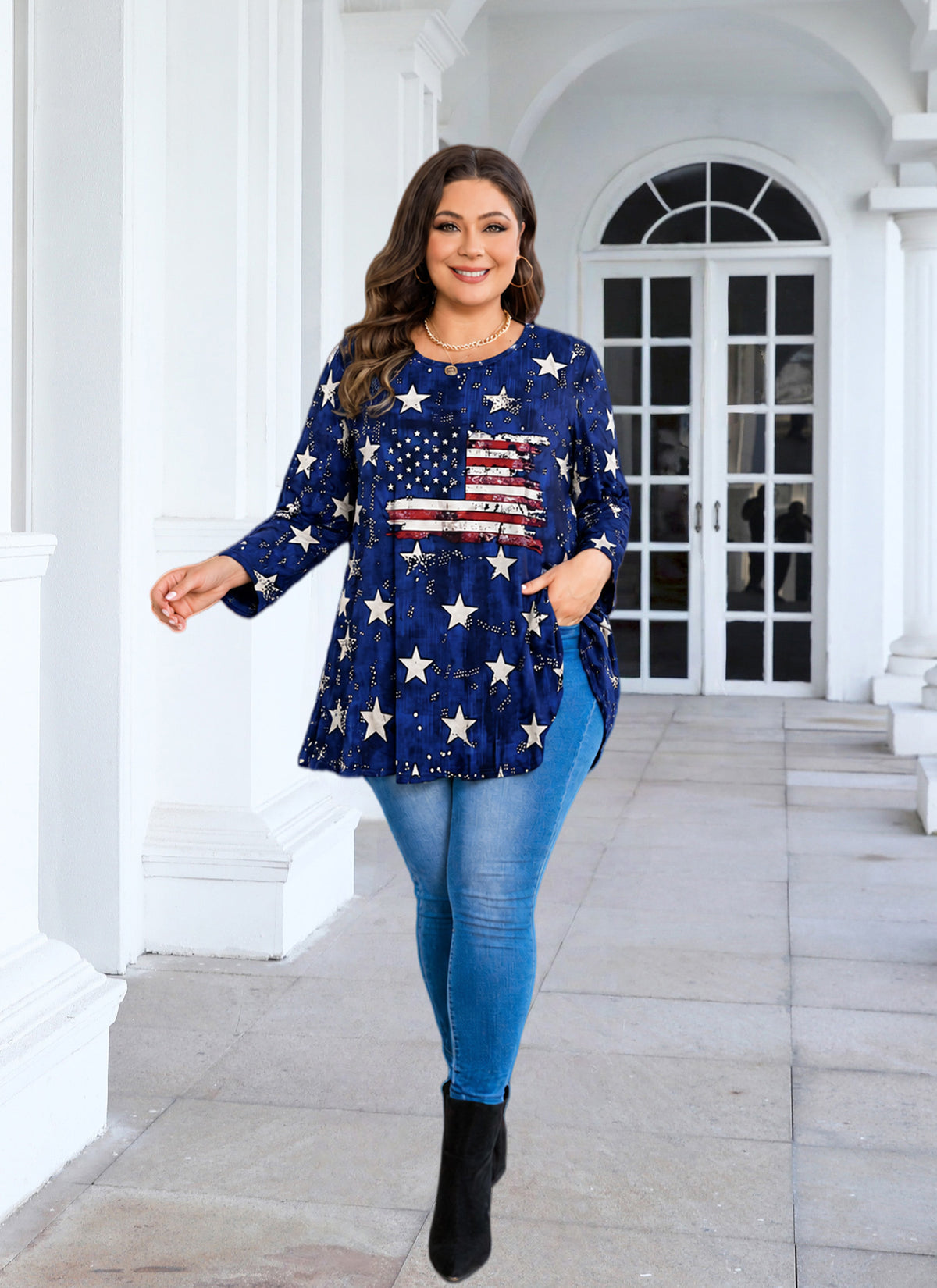 Women's Plus Size American Flag Swing Tunic Top | 3/4 Sleeve