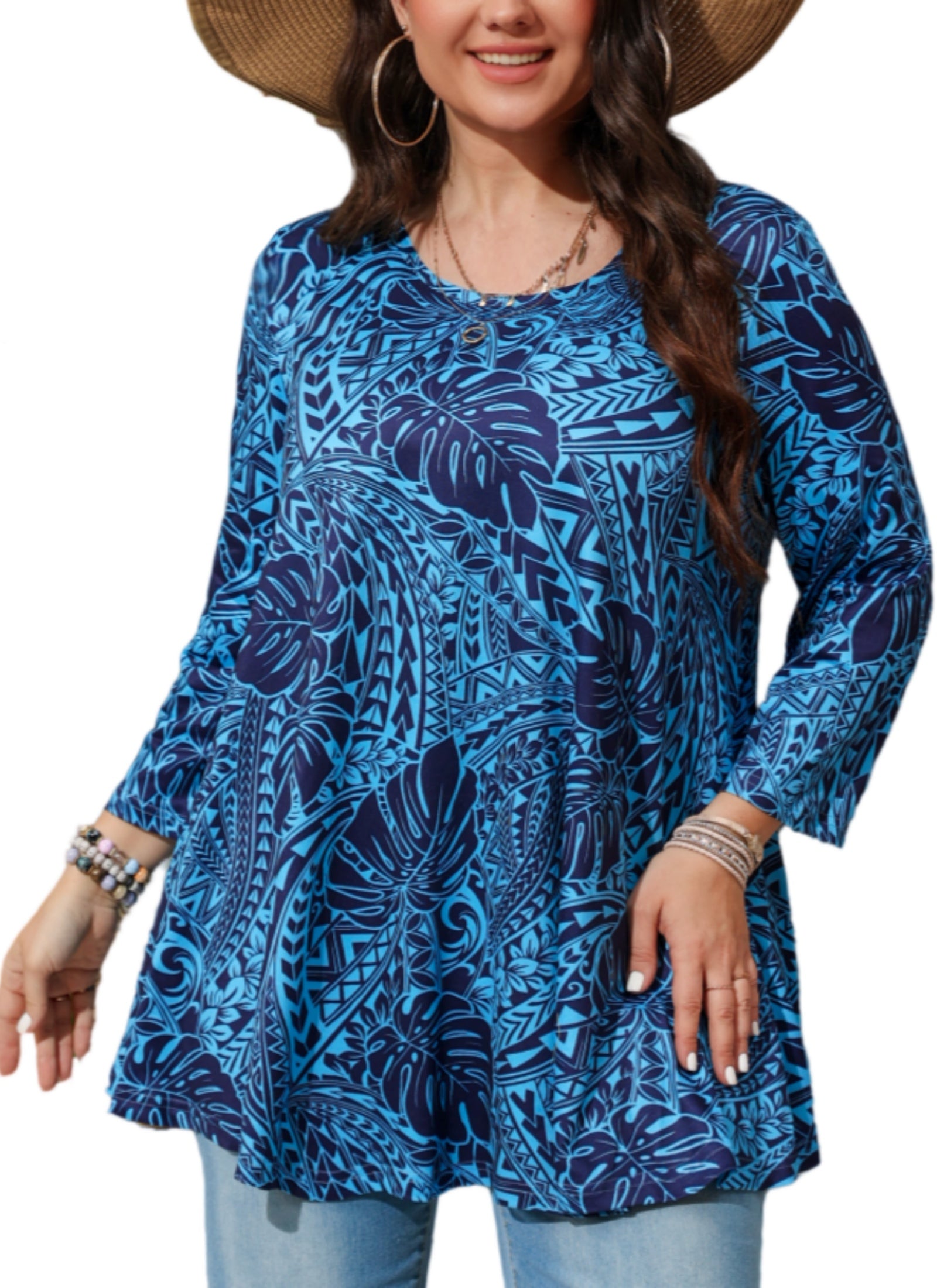 Womens Tunic Tops 3/4 Sleeve Plus Size Crew Neck Swing Flare Loose Fit T-Shirt Blouses to Wear with Leggings