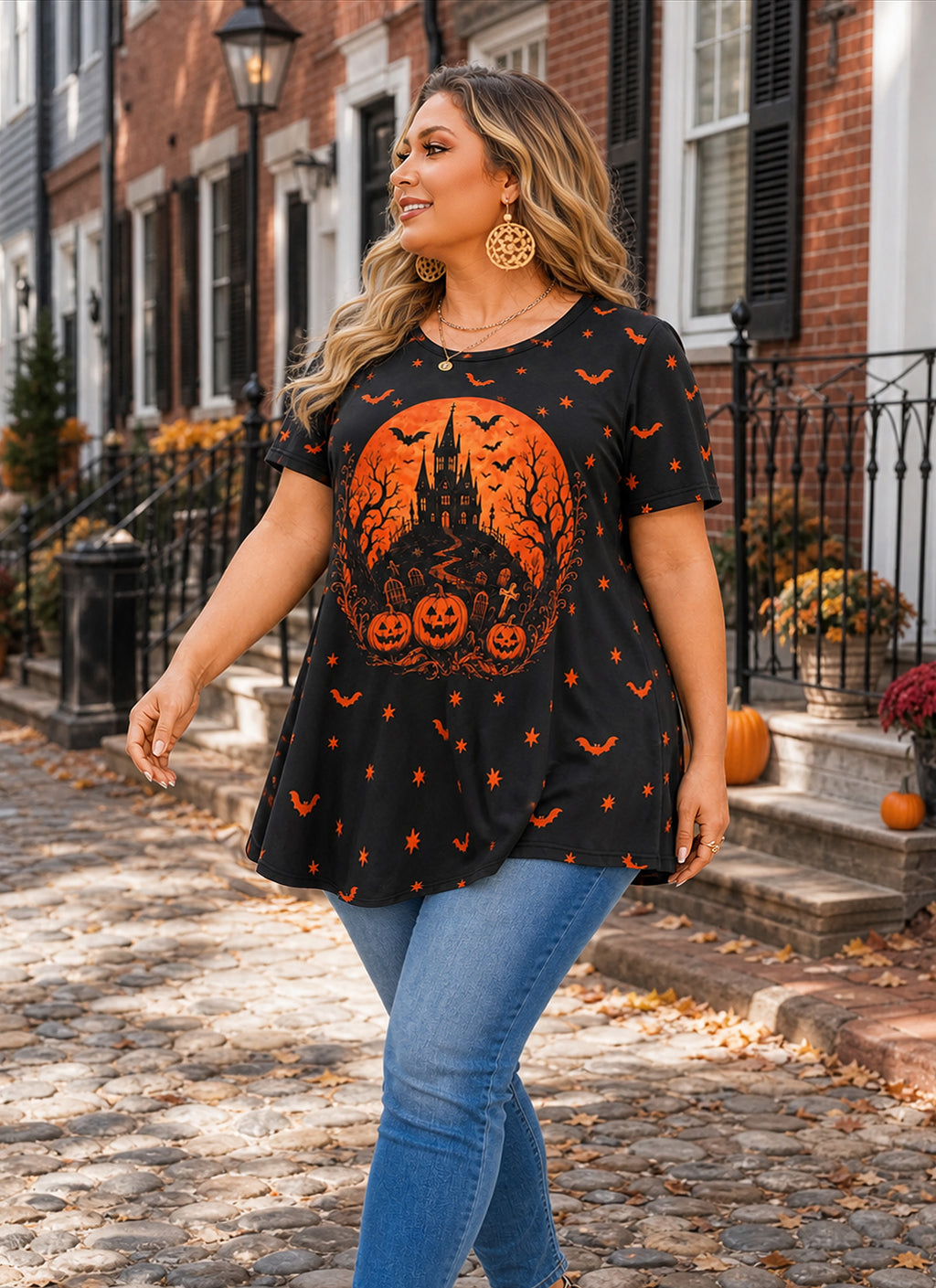 Black & Orange Halloween Tunic Top for Women – Flowy Swing Blouse, Plus Size