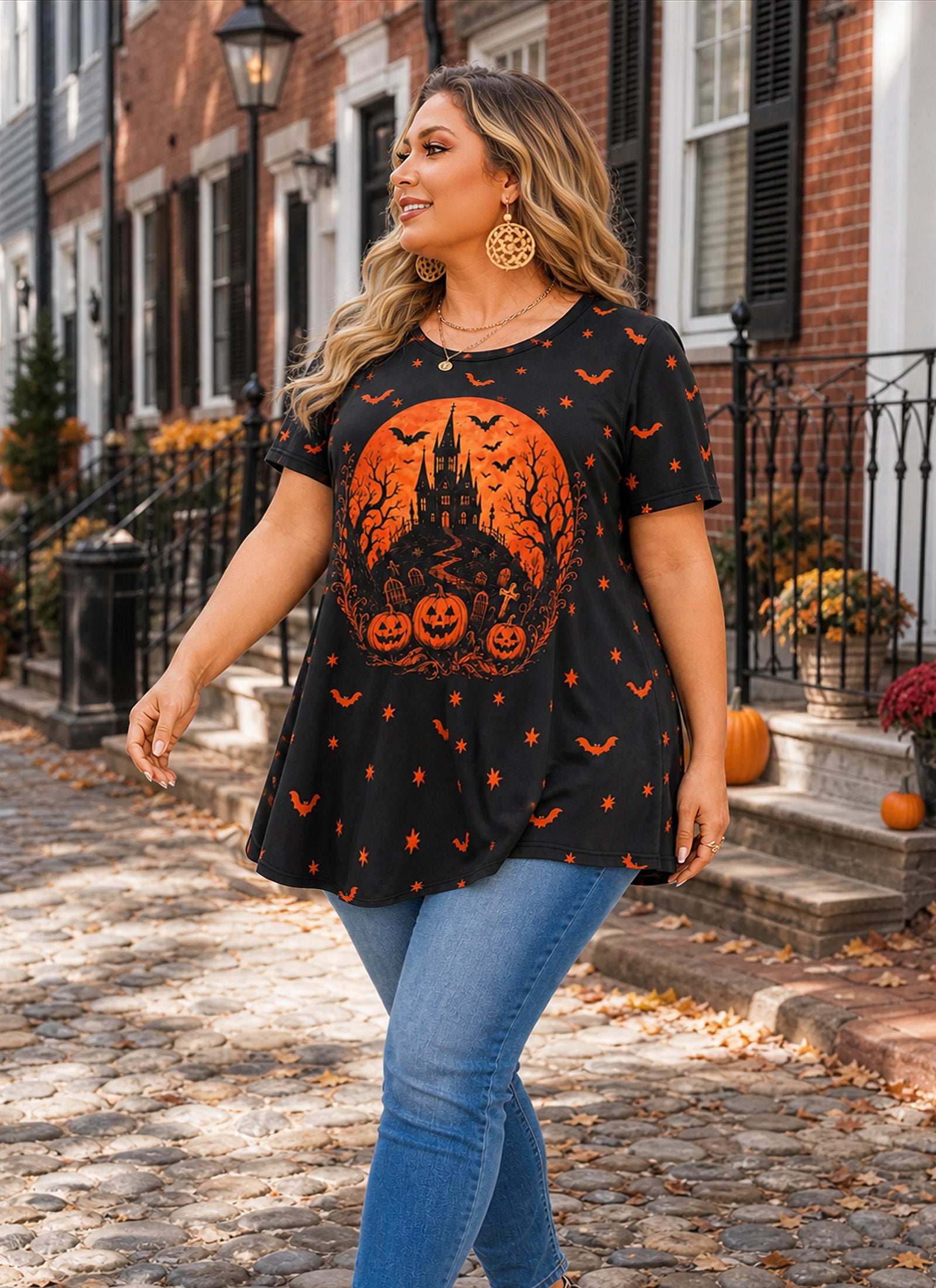 Black & Orange Halloween Tunic Top for Women – Flowy Swing Blouse, Plus Size