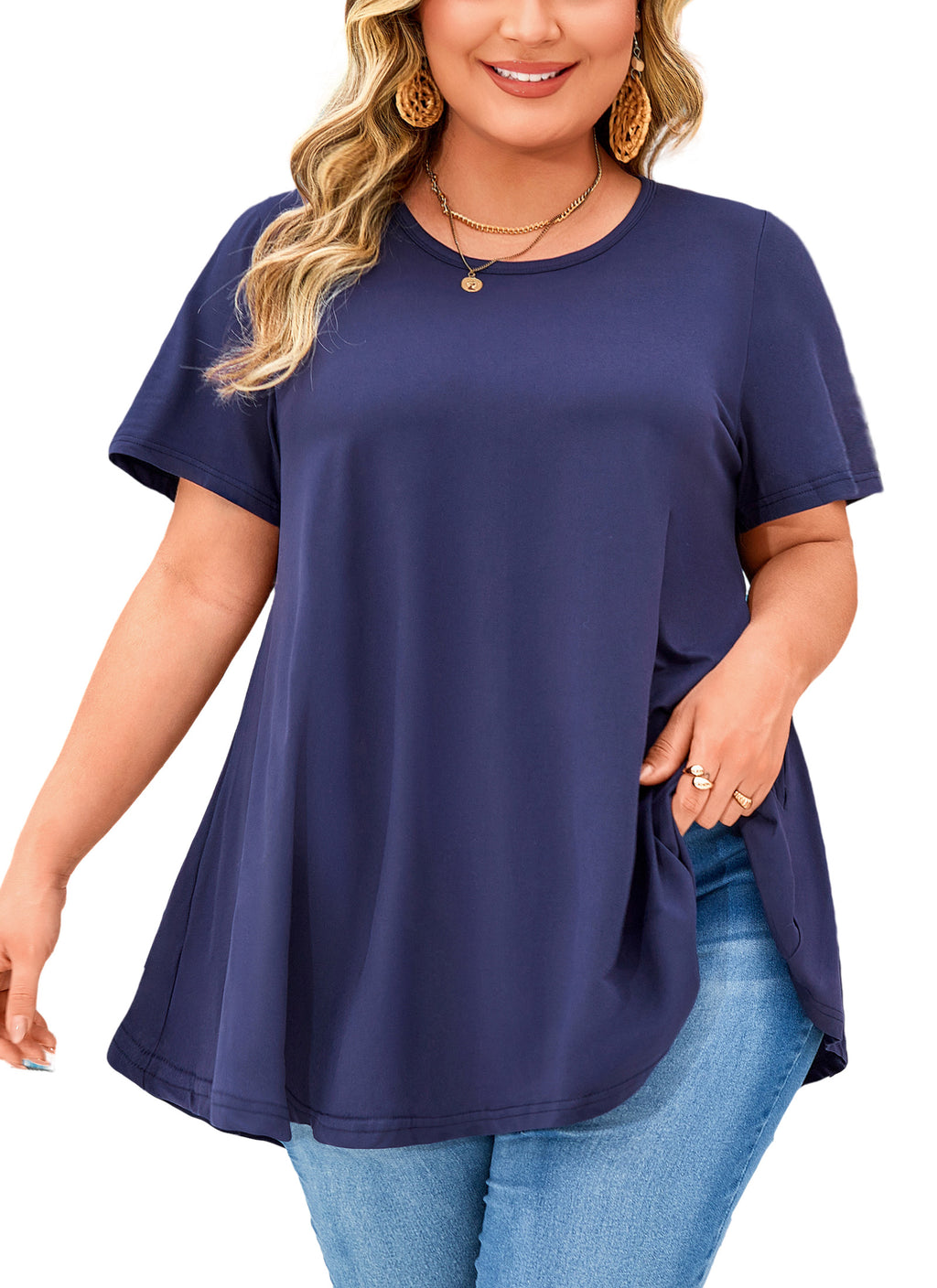 Womens Plus Size Tops Short Sleeve Swing Flare Flowy Tunic Loose Fit Summer Casual Blouses to Wear with Leggings