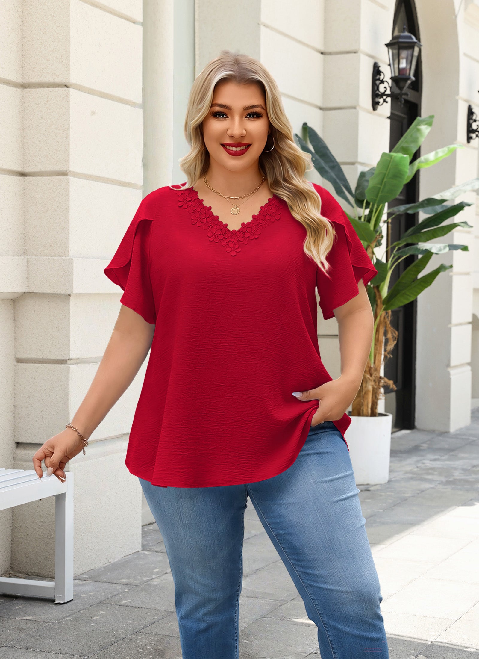 Women's V-Neck Floral Lace Trim Blouse – Loose Fit Plus Size Top, Red
