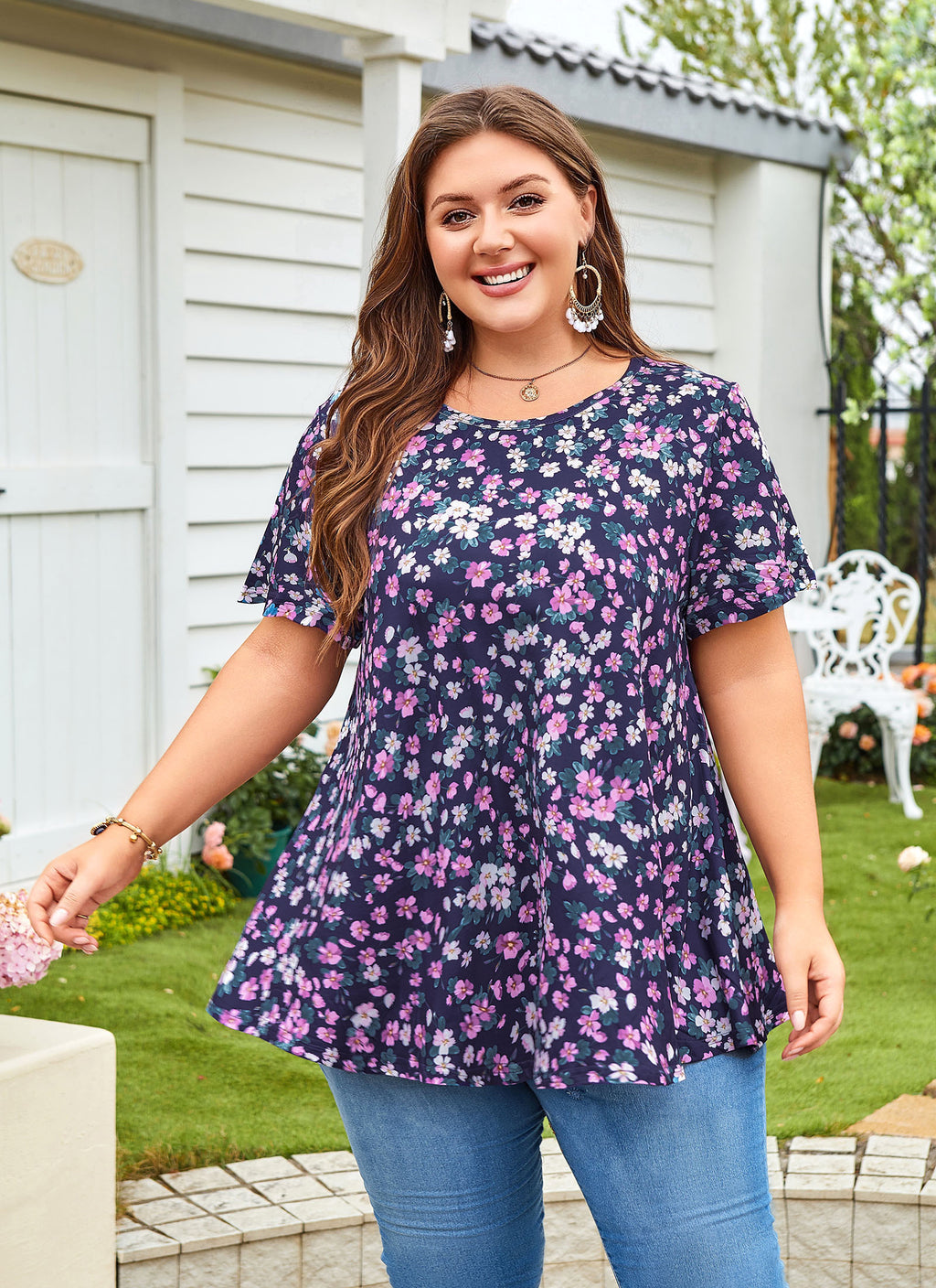 Tunic Tops for Women Plus Size Short Sleeve Crew Neck Swing Flare Loose T-Shirt Blouses to Wear with Leggings
