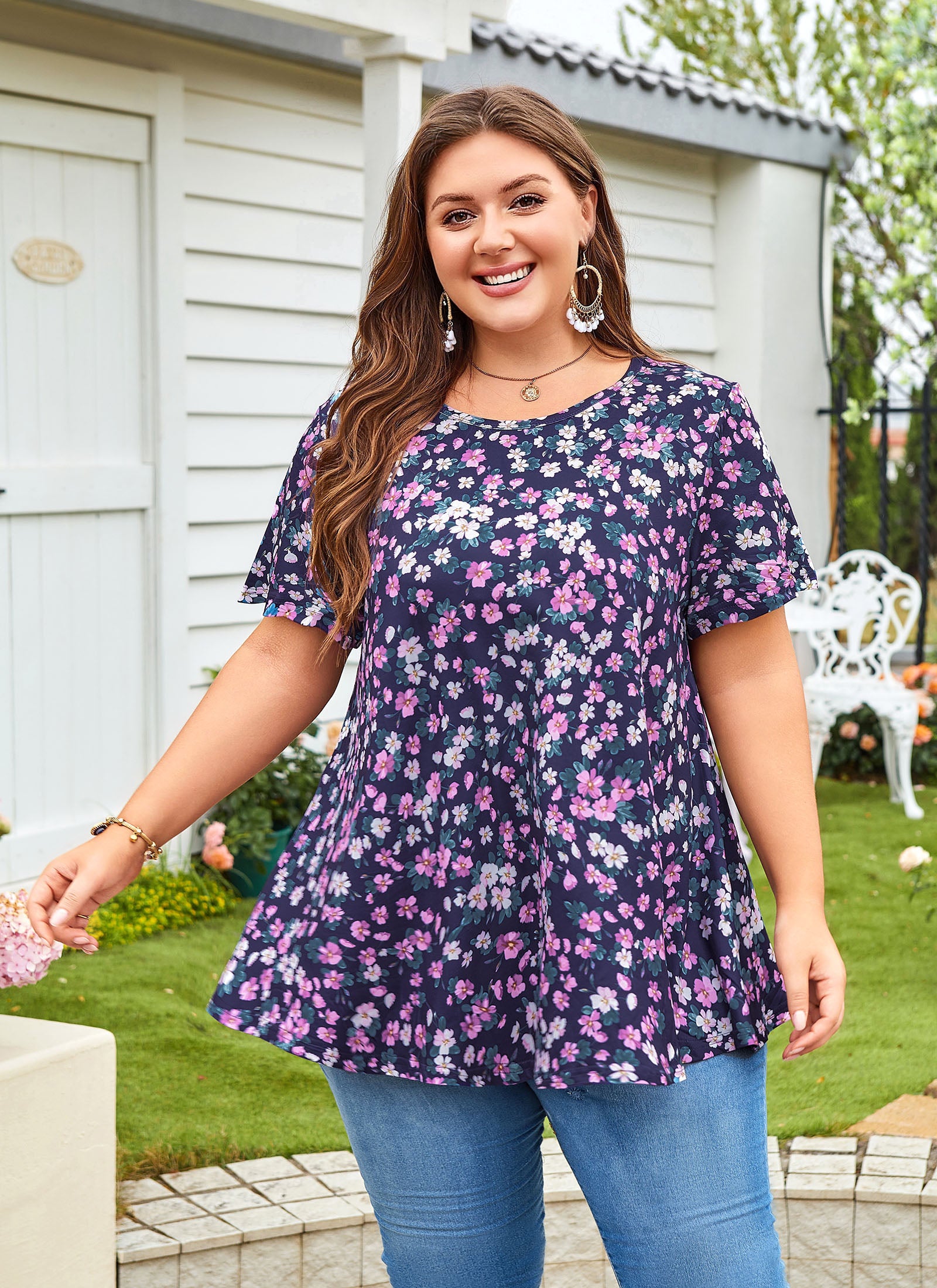 Tunic Tops for Women Plus Size Short Sleeve Crew Neck Swing Flare Loose T-Shirt Blouses to Wear with Leggings