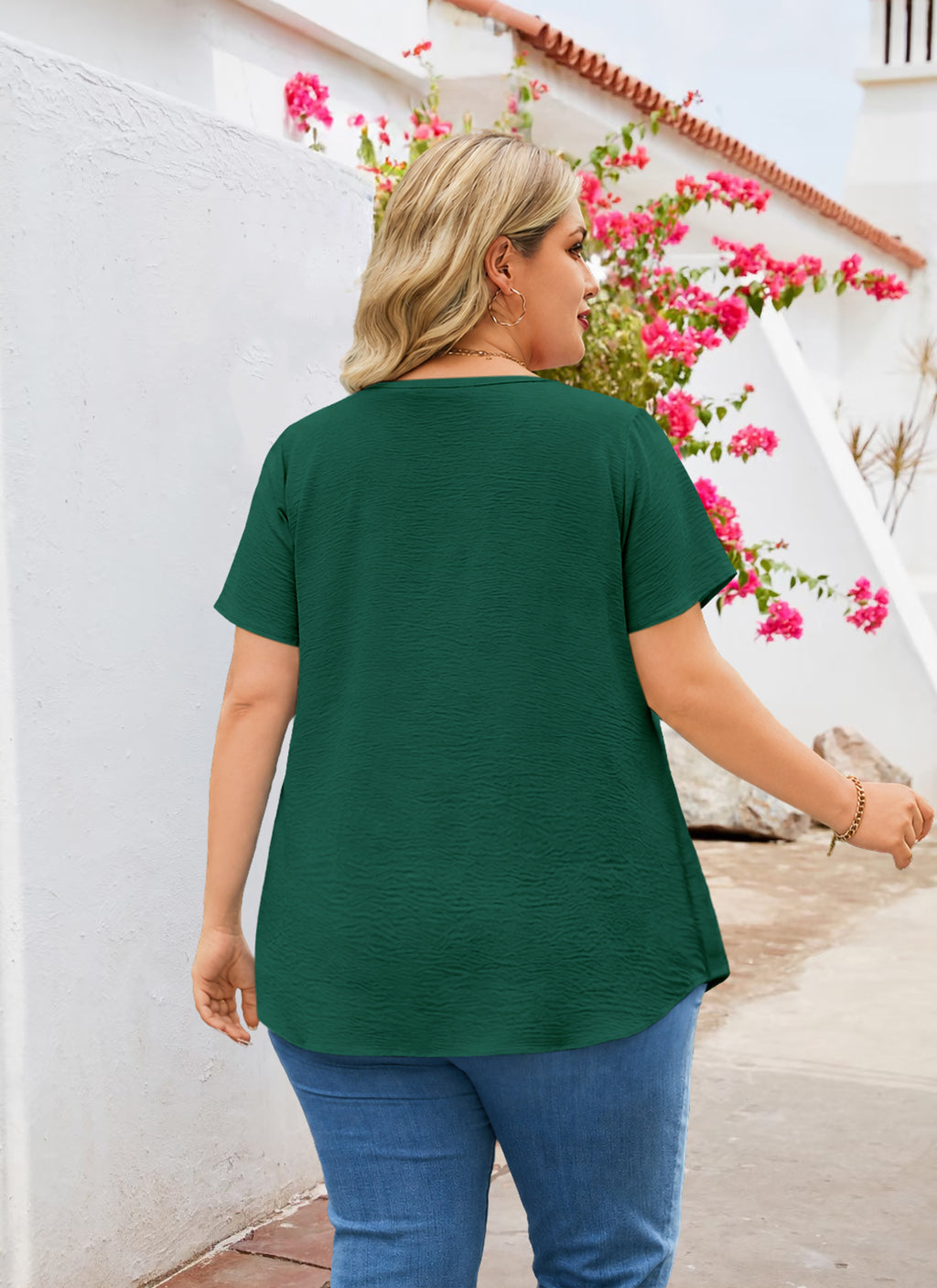 Women's V-Neck Floral Trim Blouse – Loose Fit Plus Size Top, Green