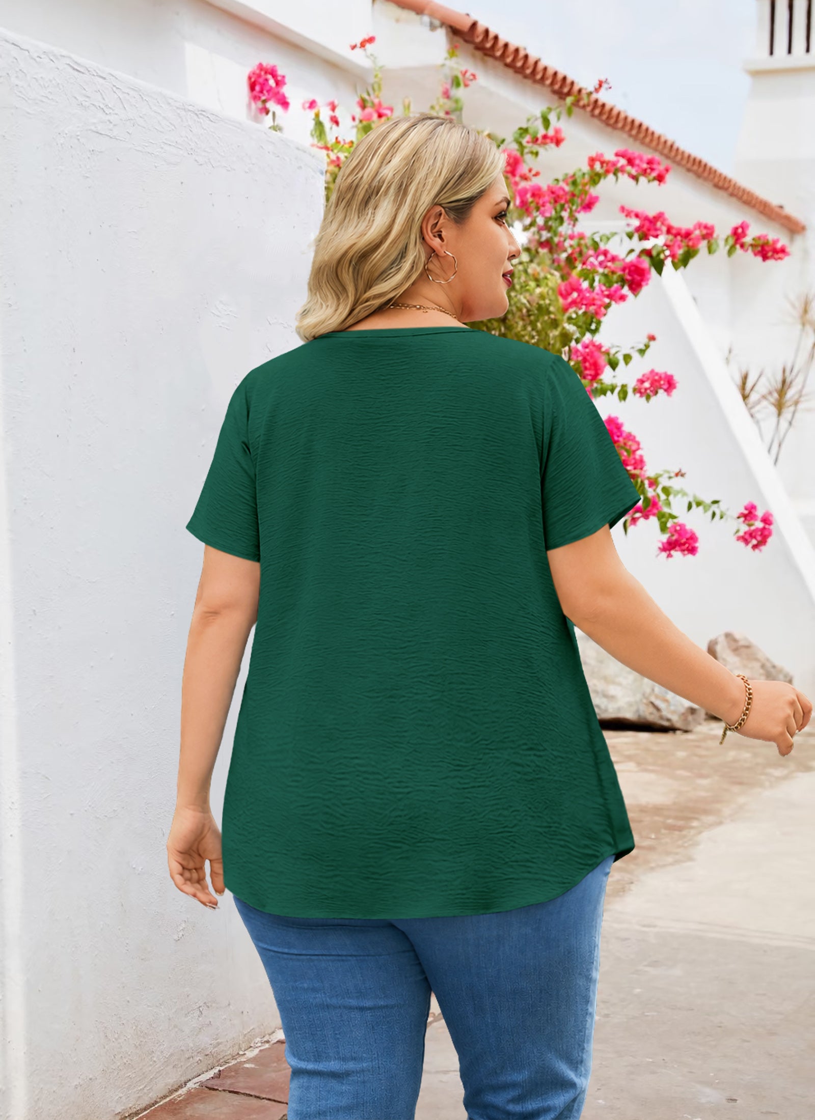 Women's V-Neck Floral Trim Blouse – Loose Fit Plus Size Top, Green
