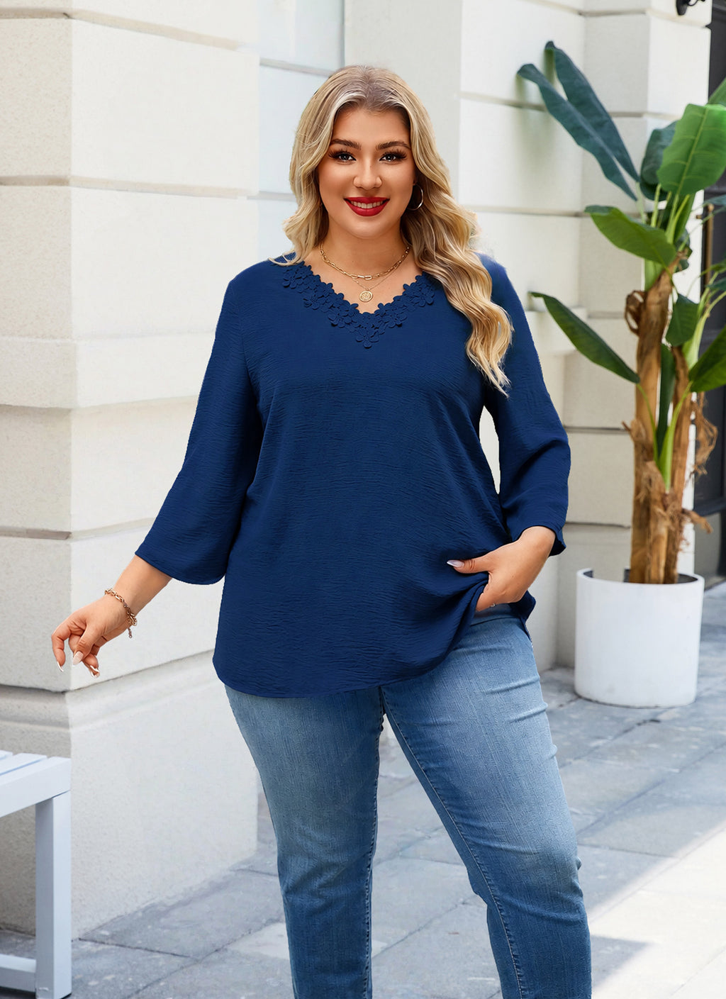 Womens Plus Size Blouses Dressy Casual 3/4 Sleeve Elegant V Neck Floral Trim Ladies Tunics Tops