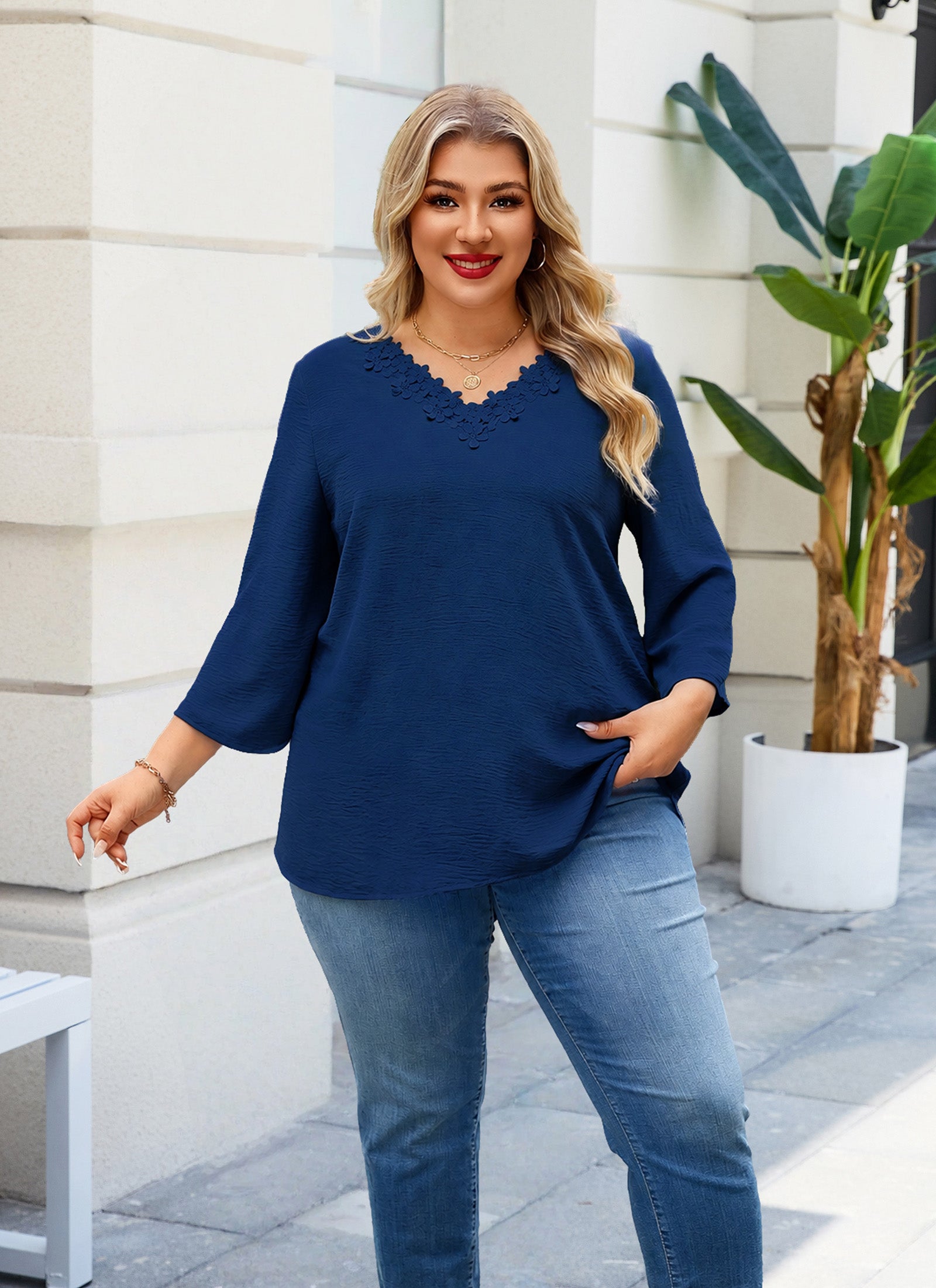Womens Plus Size Blouses Dressy Casual 3/4 Sleeve Elegant V Neck Floral Trim Ladies Tunics Tops