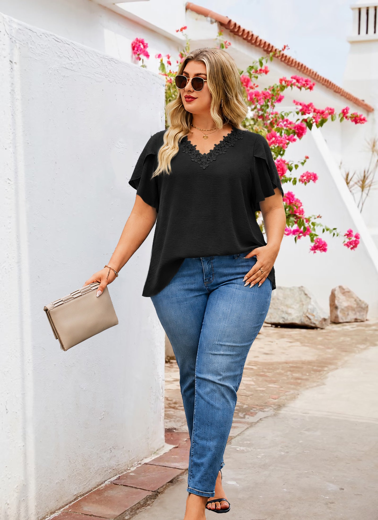 Women's V-Neck Floral Trim Blouse – Loose Fit Plus Size Top, Black