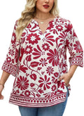 Plus Size Tops 3/4 Sleeve Boho Blouses Dressy Casual V Neck Tunic Loose Fit Floral Peasant Shirts
