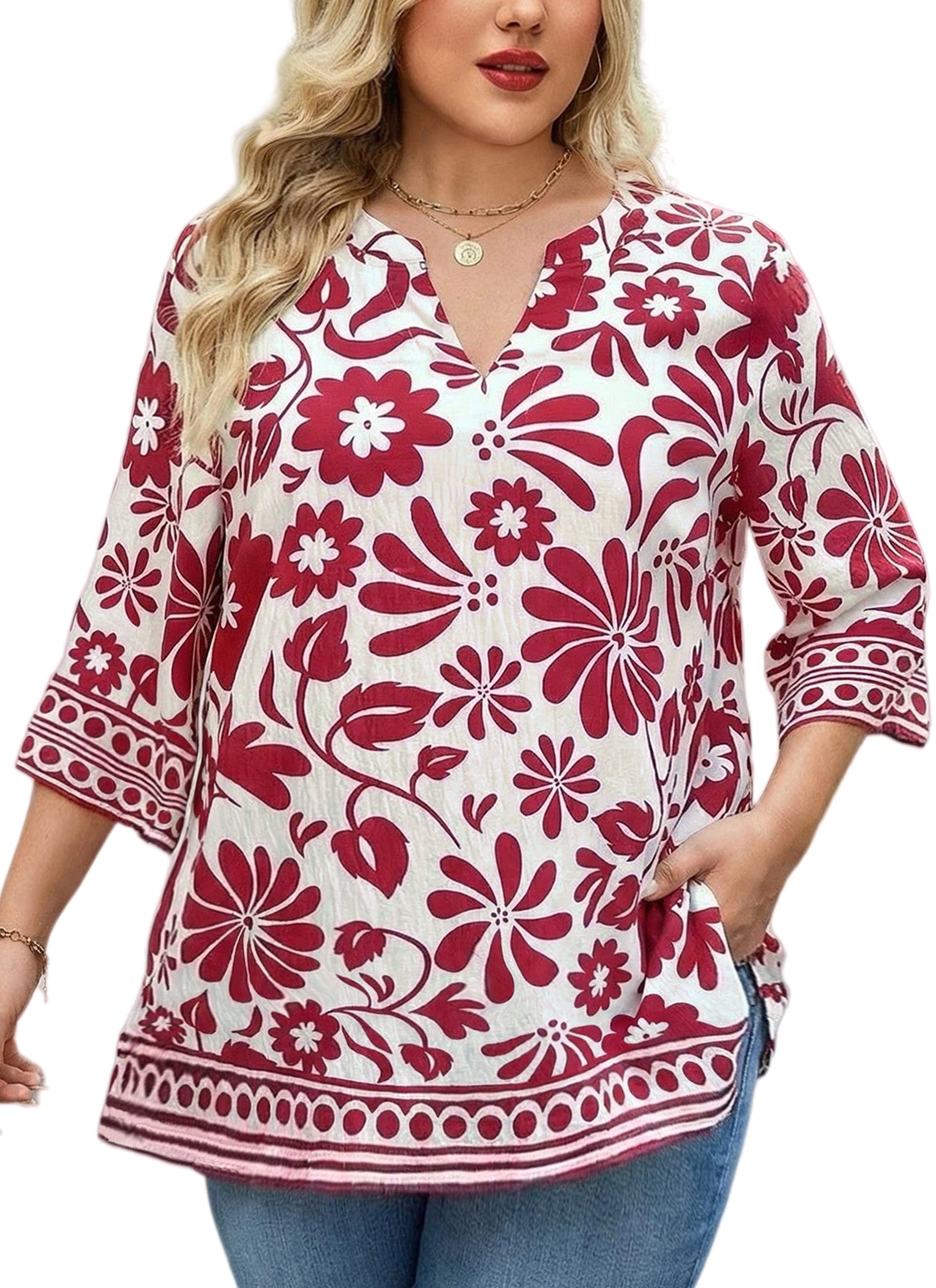 Plus Size Tops 3/4 Sleeve Boho Blouses Dressy Casual V Neck Tunic Loose Fit Floral Peasant Shirts