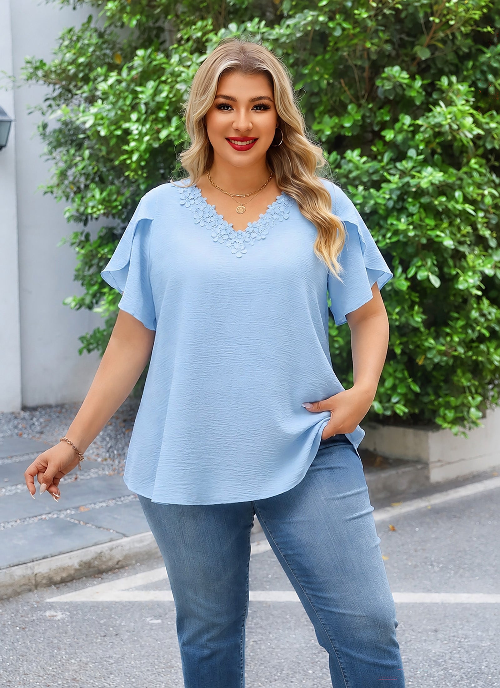 Plus Size Top V Neck Short Sleeve Blouses for Curvy Women Loose Fit Dressy Floral Trim Ladies Tunic