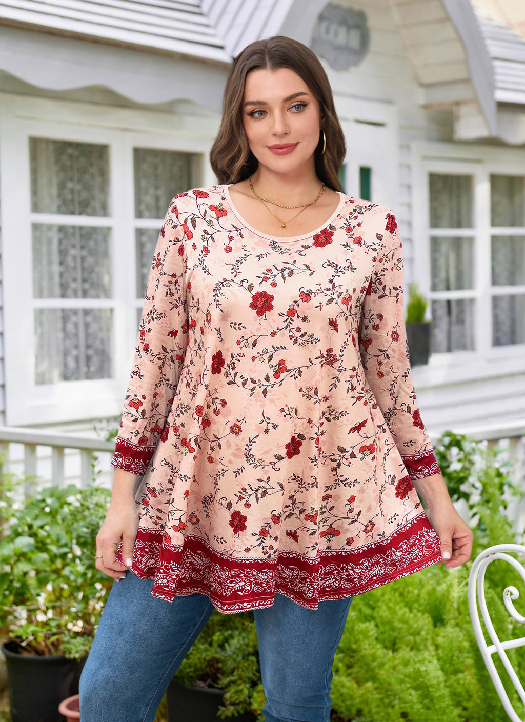 Womens Tunic 3/4 Sleeve Plus Size Tops Crew Neck Swing Flowy Loose Fit T-Shirt Blouses to Wear with Leggings