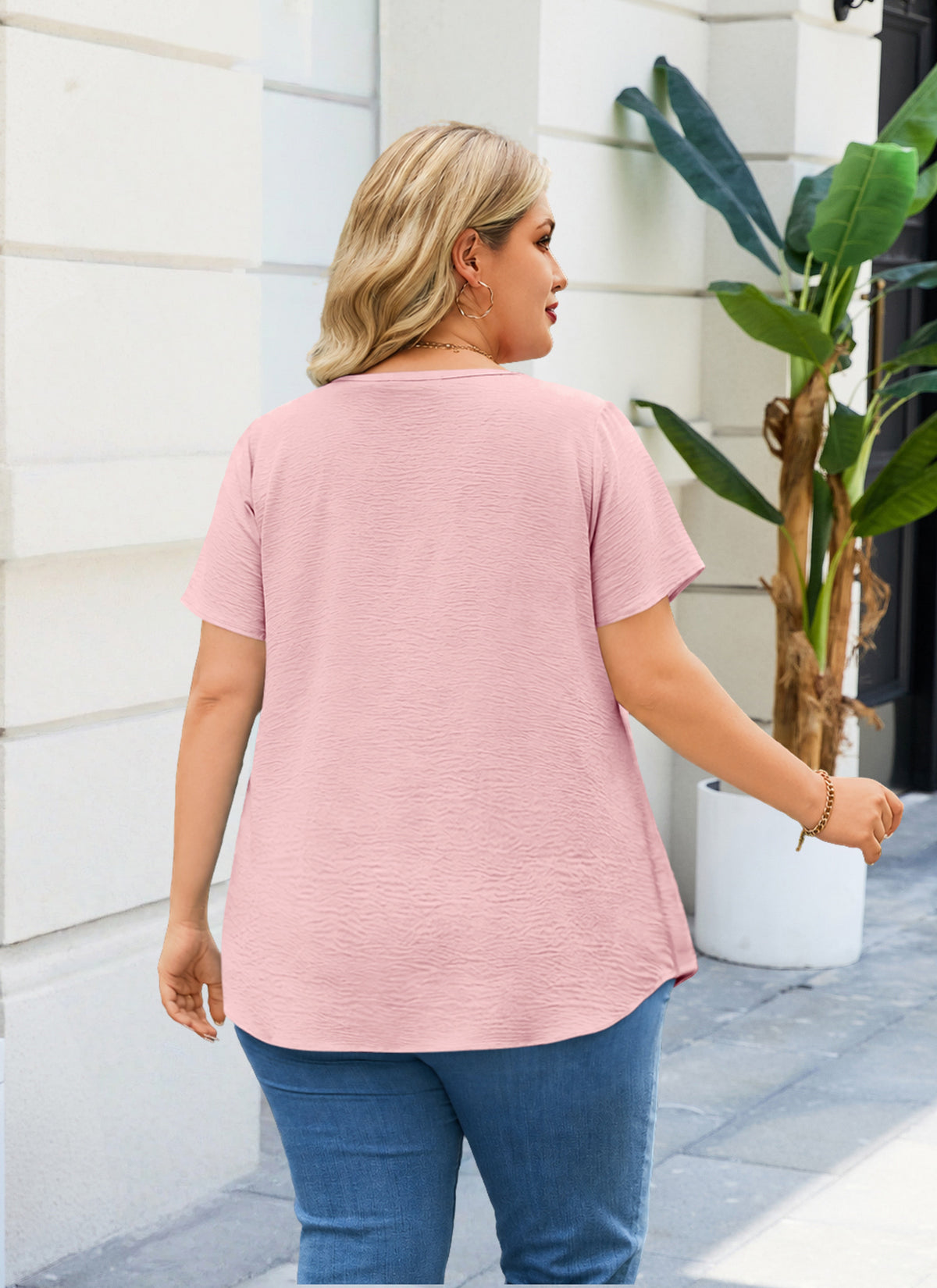 Women's V-Neck Floral Trim Blouse – Loose Fit Plus Size Top, Pink