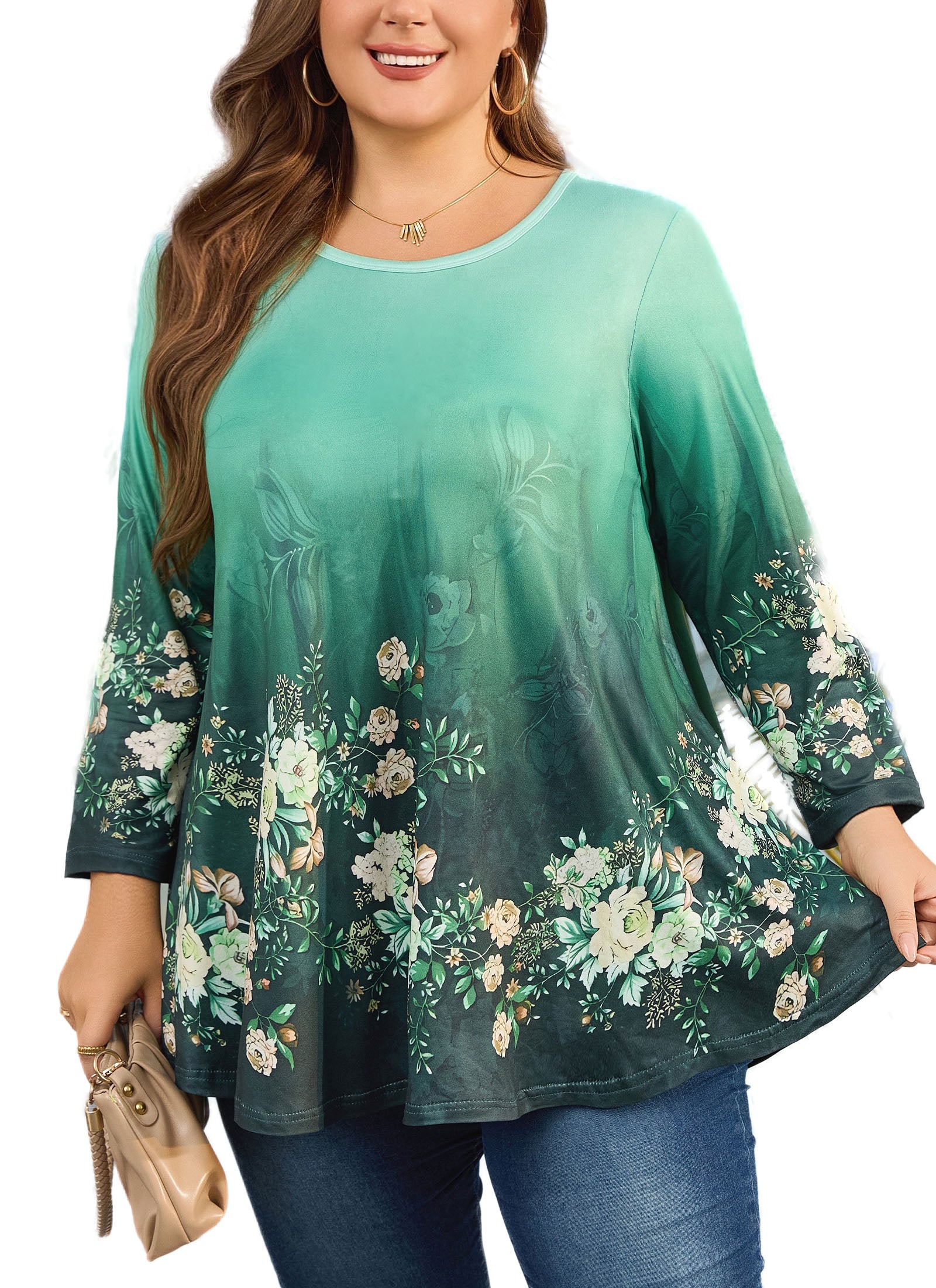 Womens Tunic 3/4 Sleeve Plus Size Tops Crew Neck Swing Flowy Loose Fit T-Shirt Blouses to Wear with Leggings