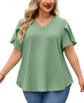 Plus Size Top V Neck Short Sleeve Blouses for Curvy Women Loose Fit Dressy Floral Trim Ladies Tunic