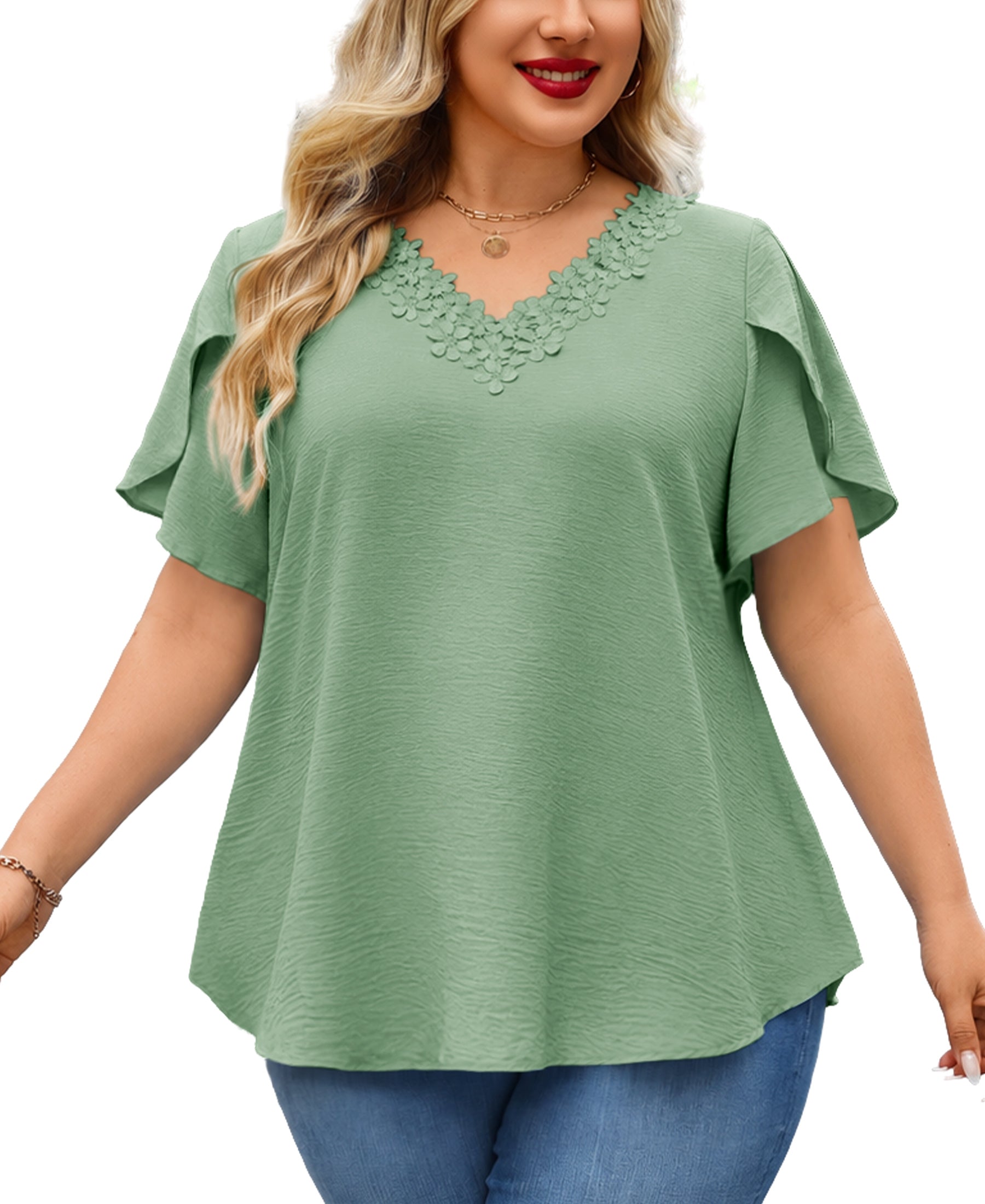 Plus Size Top V Neck Short Sleeve Blouses for Curvy Women Loose Fit Dressy Floral Trim Ladies Tunic