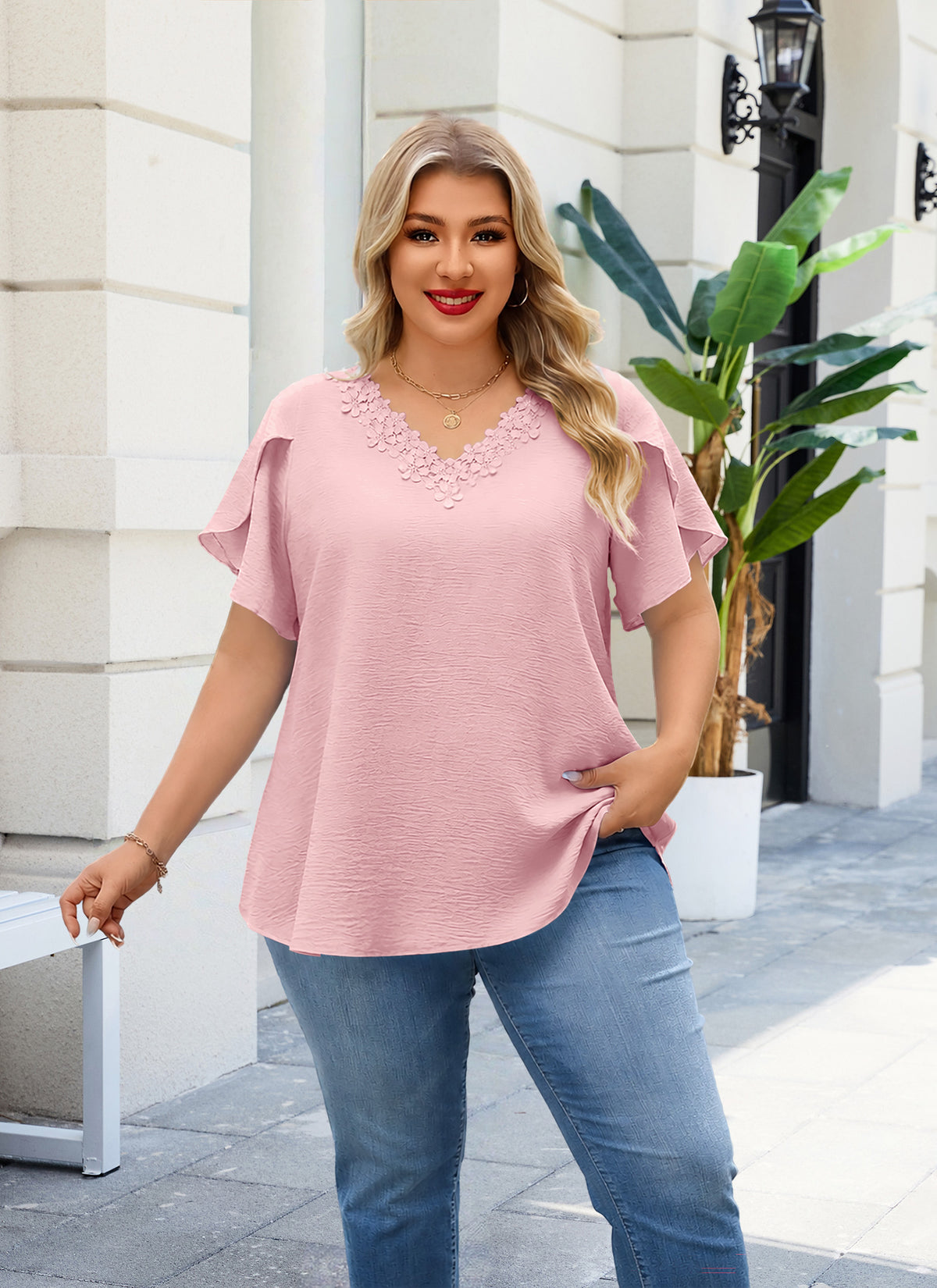 Women's V-Neck Floral Trim Blouse – Loose Fit Plus Size Top, Pink