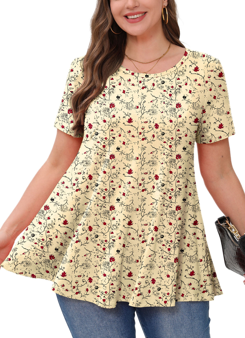 Tunic Tops for Women Plus Size Short Sleeve Crew Neck Swing Flare Loose T-Shirt Blouses to Wear with Leggings