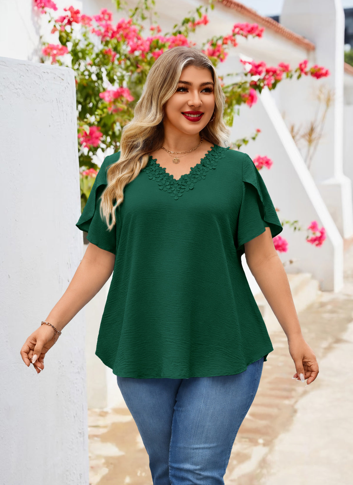 Women's V-Neck Floral Trim Blouse – Loose Fit Plus Size Top, Green