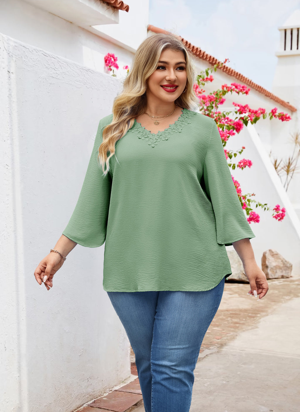 Womens Plus Size Blouses Dressy Casual 3/4 Sleeve Elegant V Neck Floral Trim Ladies Tunics Tops