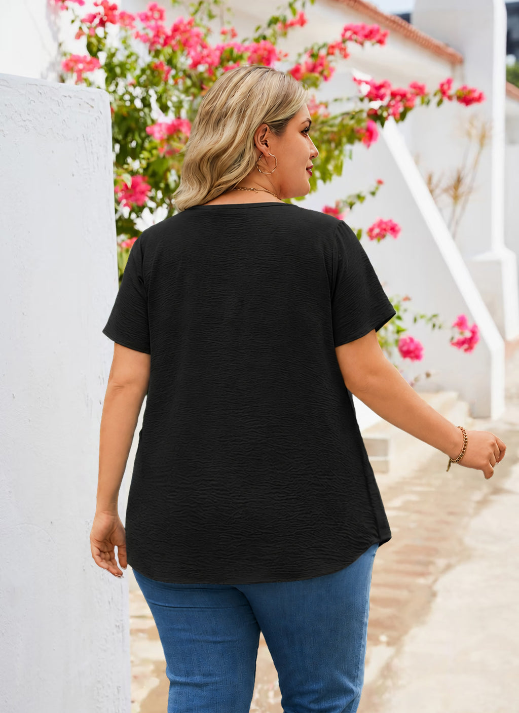 Women's V-Neck Floral Trim Blouse – Loose Fit Plus Size Top, Black