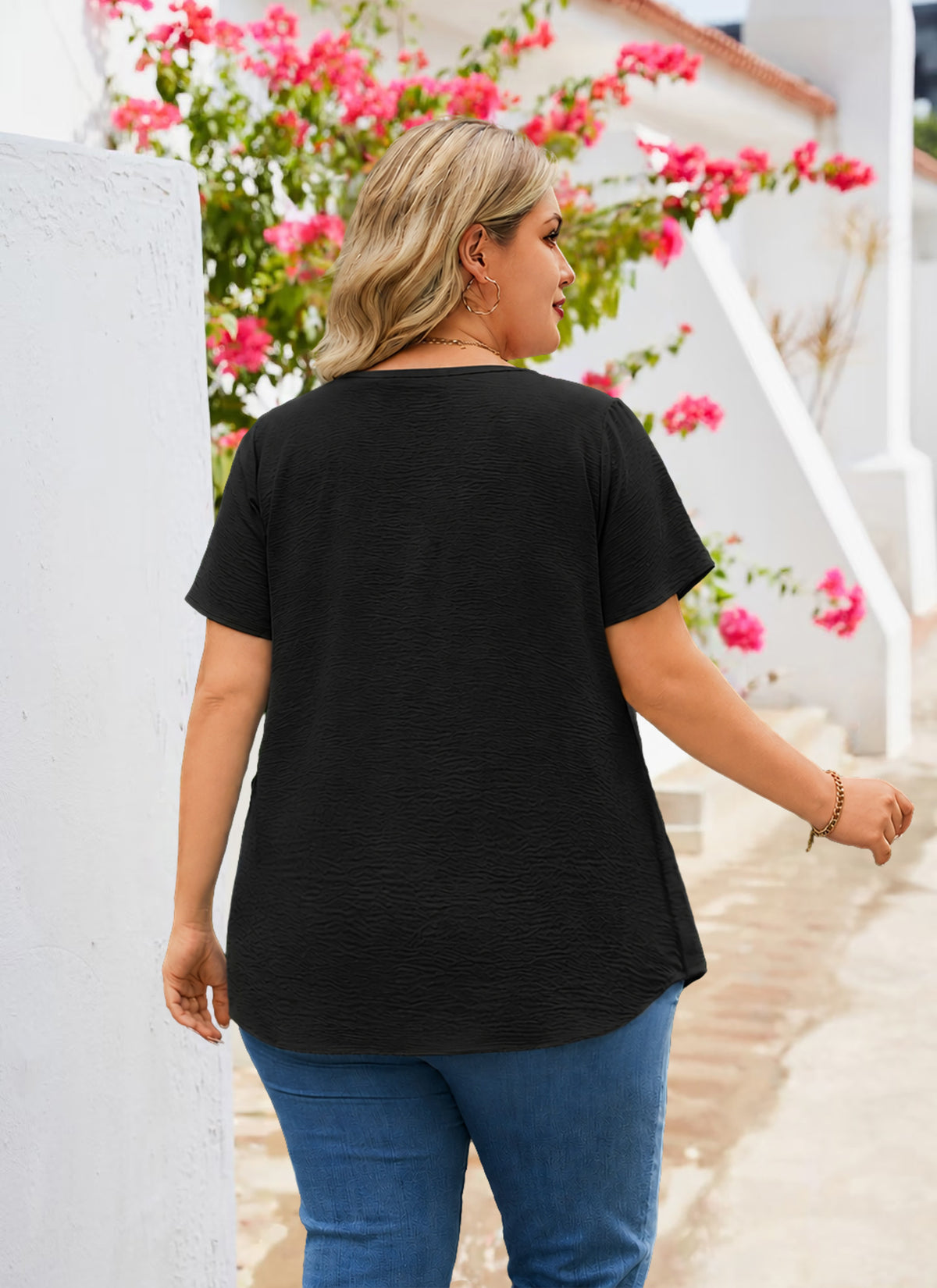Women's V-Neck Floral Trim Blouse – Loose Fit Plus Size Top, Black