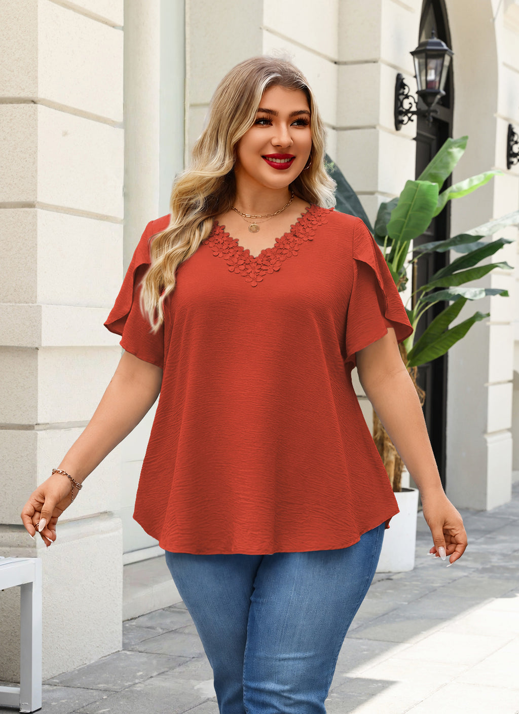 Women's V-Neck Floral Lace Trim Blouse – Loose Fit Plus Size Top, Burnt Orange