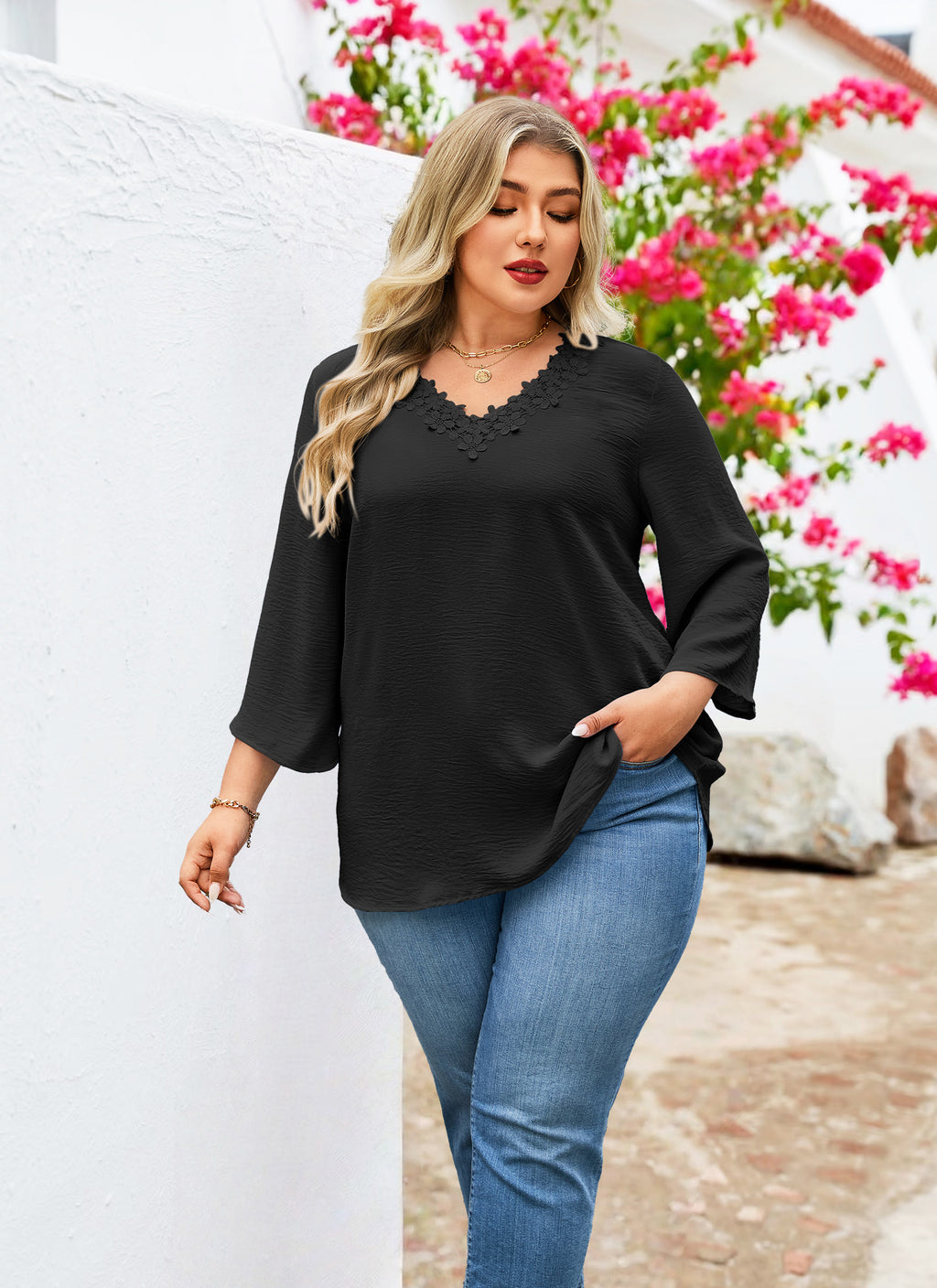 Womens Plus Size Blouses Dressy Casual 3/4 Sleeve Elegant V Neck Floral Trim Ladies Tunics Tops
