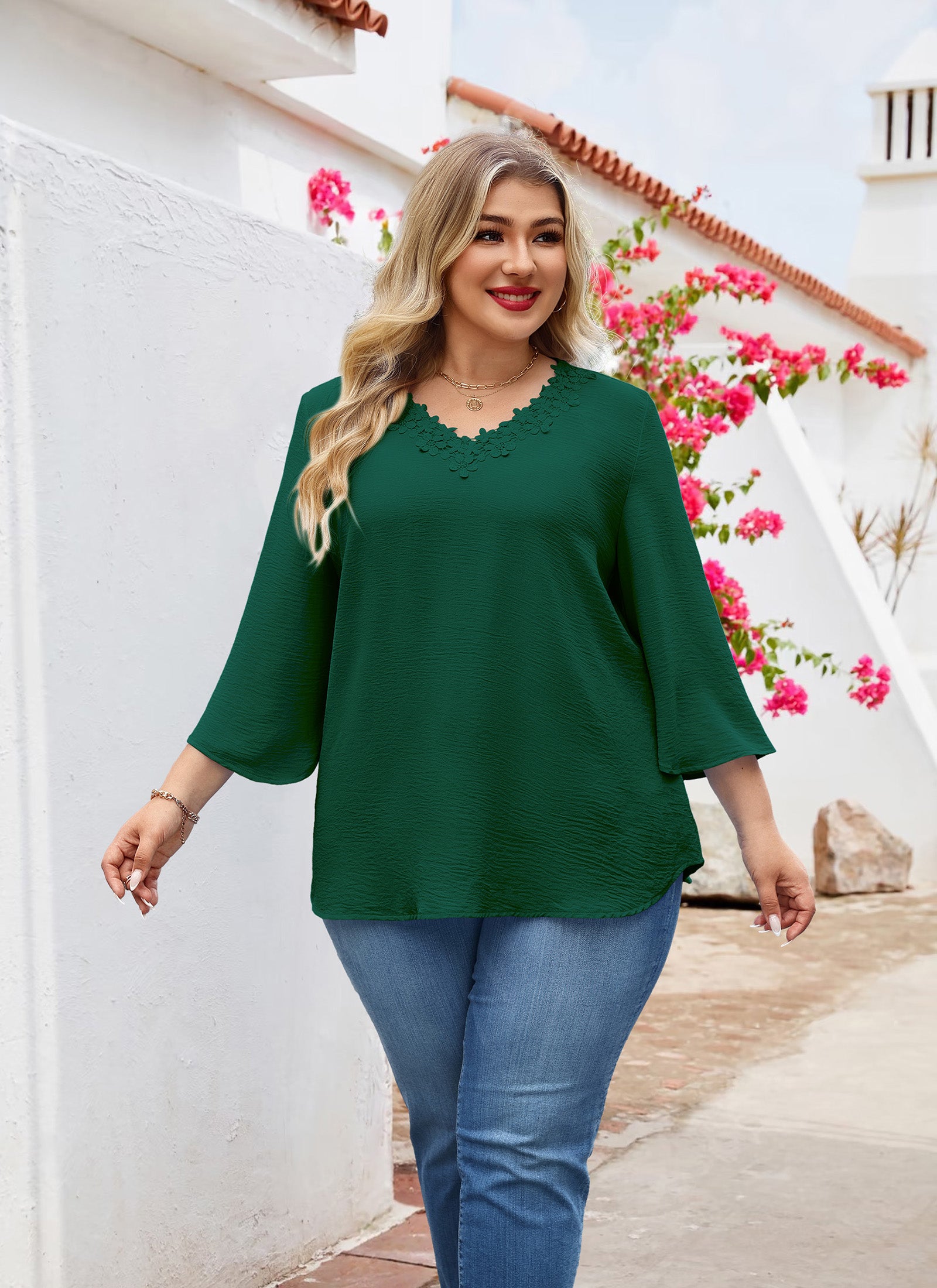 Womens Plus Size Blouses Dressy Casual 3/4 Sleeve Elegant V Neck Floral Trim Ladies Tunics Tops