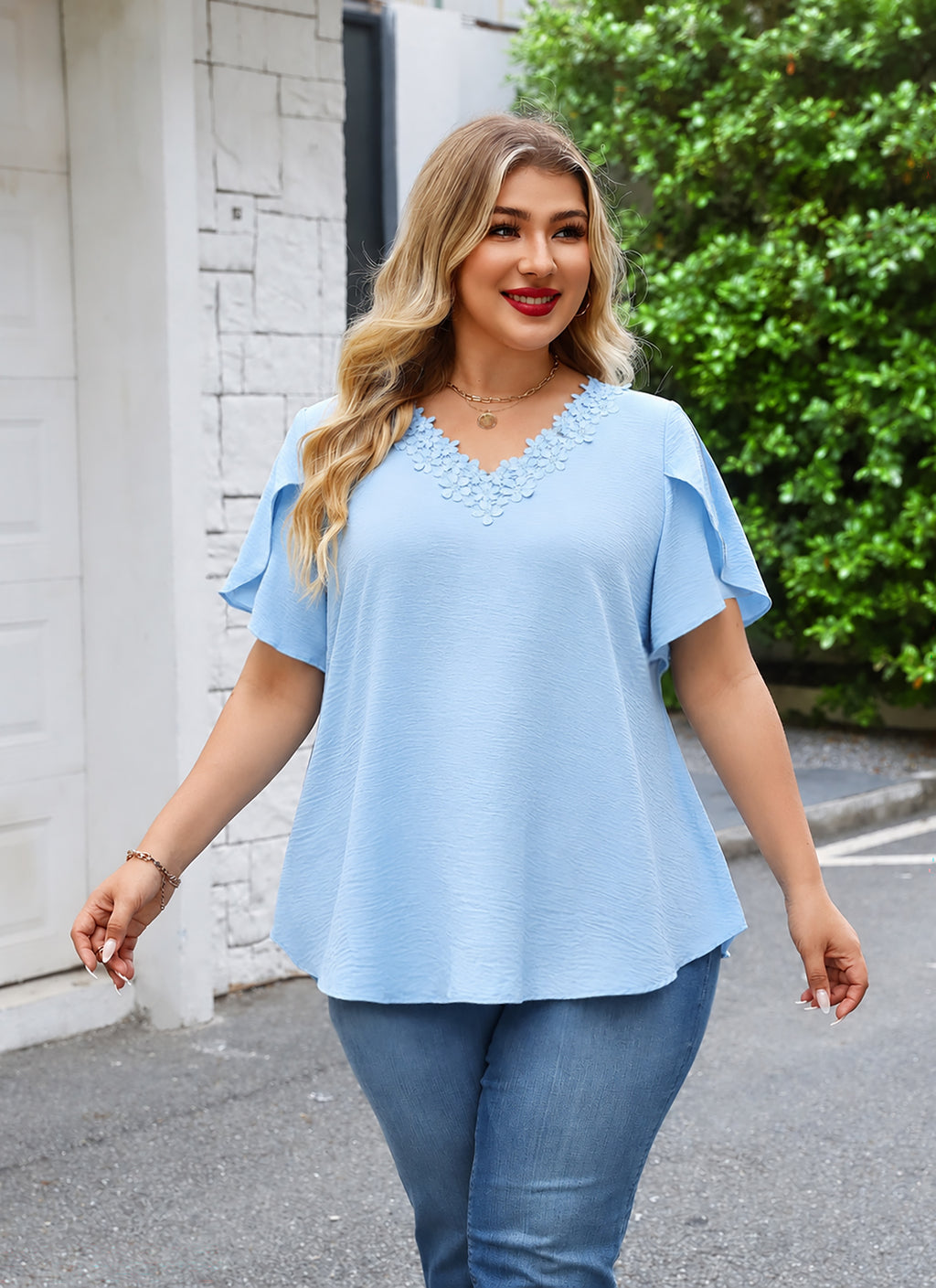 Plus Size Top V Neck Short Sleeve Blouses for Curvy Women Loose Fit Dressy Floral Trim Ladies Tunic